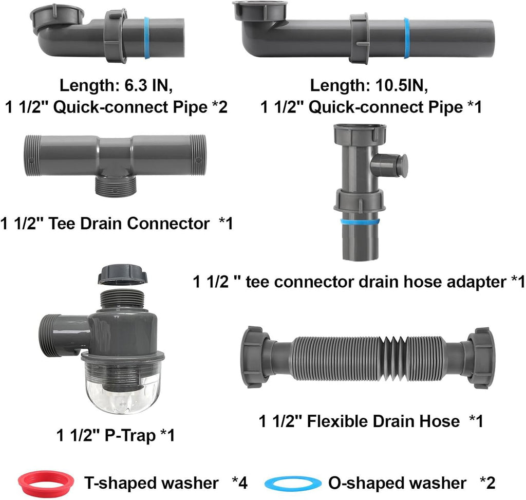1-1/2 inch Kitchen Sink Drain Kit, space-saving kitchen drain with P-trap and extendable flexible hose (gourd