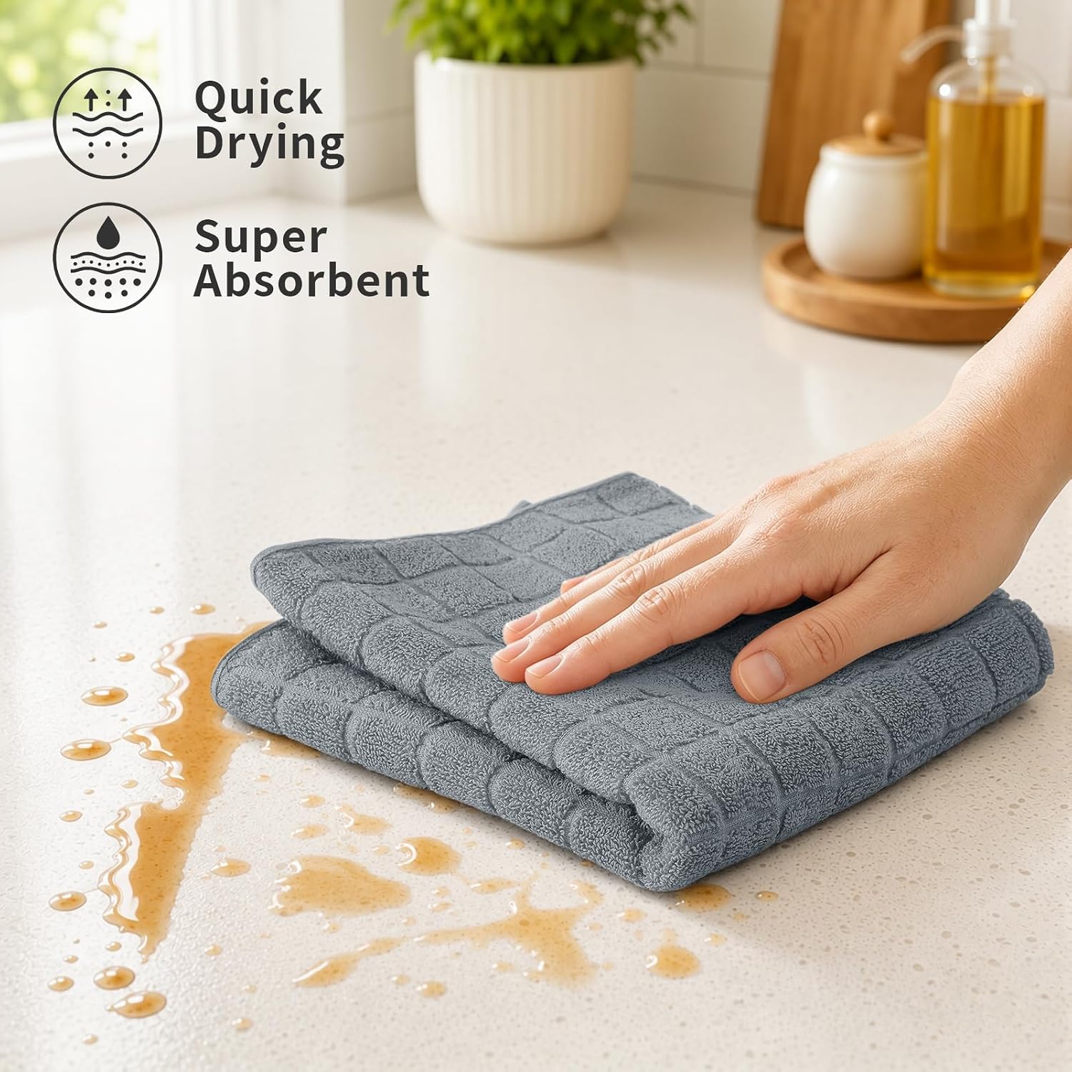Premium Kitchen Towels (16"x 28", 6 Pack), Large 100% Cotton Terry 390 GSM Kitchen Hand Towels, Ultra Absorbent Check