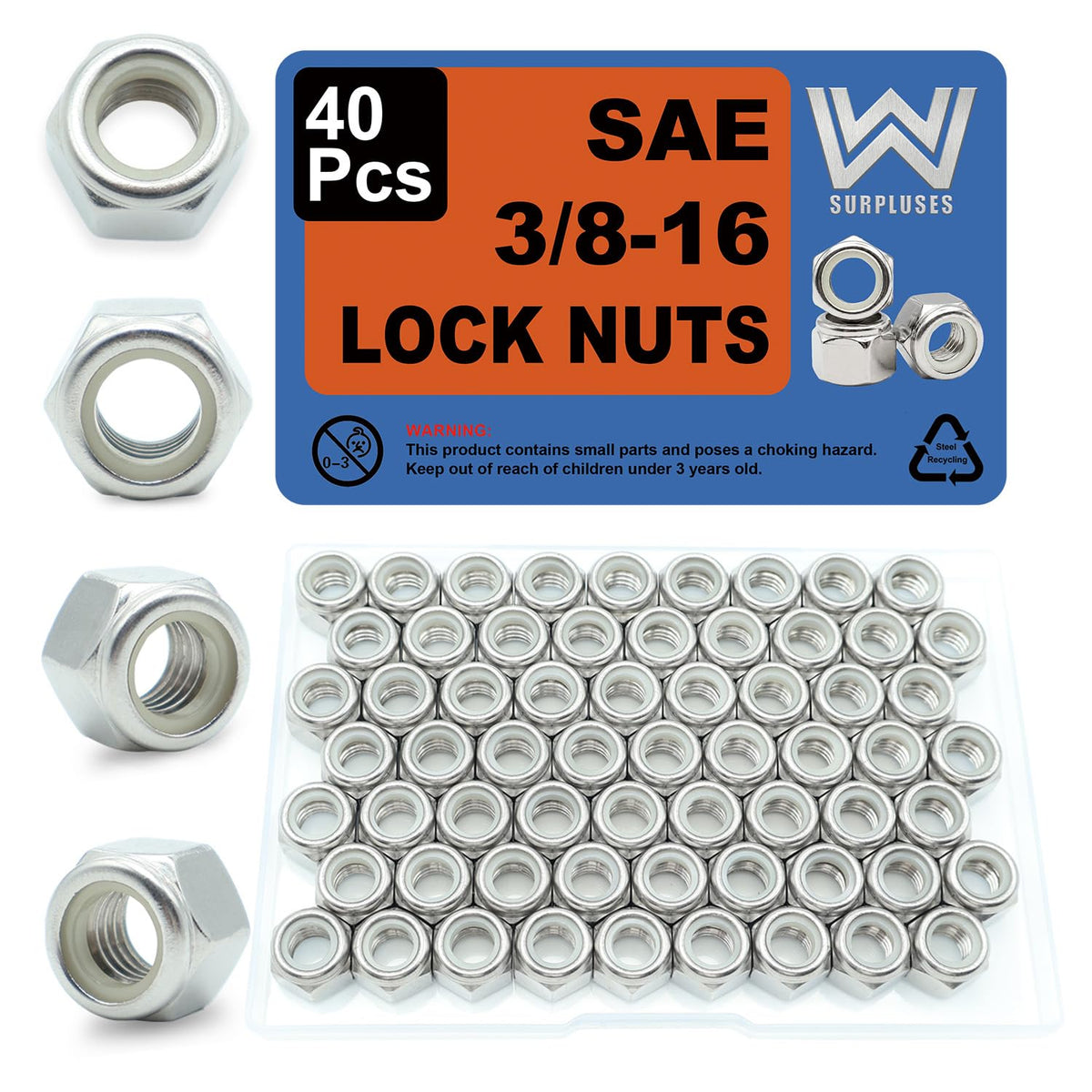 3/8-16 Nylon Insert Lock Nuts 40 Pack, 304 Stainless Steel Hardware Nuts