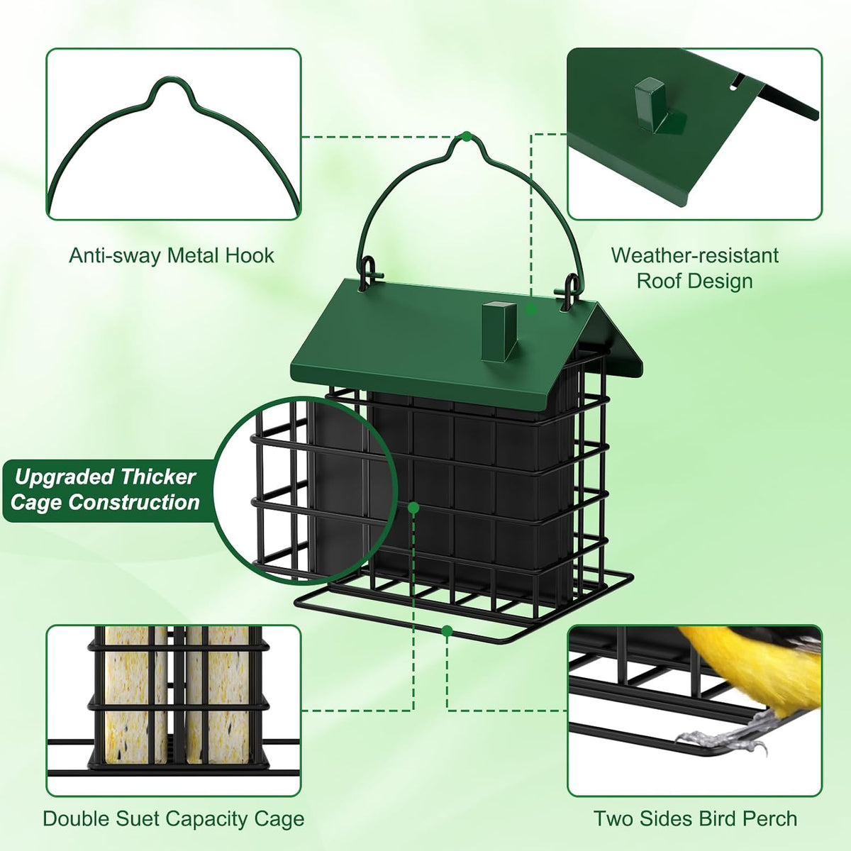 All-Metal Double Suet Bird Feeder for Outdoors Hanging, Green Roof