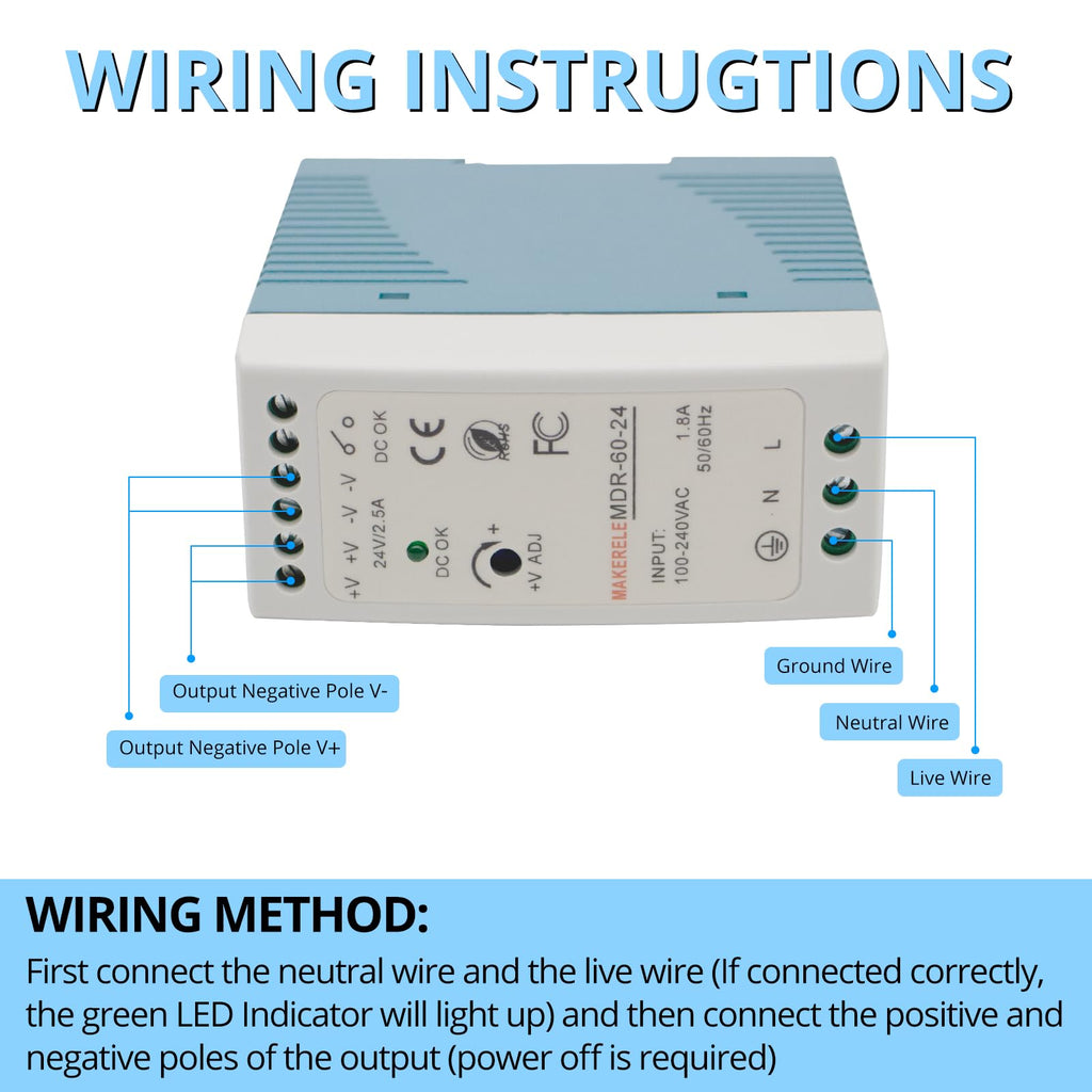 MAKERELE MDR 24V AC to DC DIN Rail Power Supply 60W