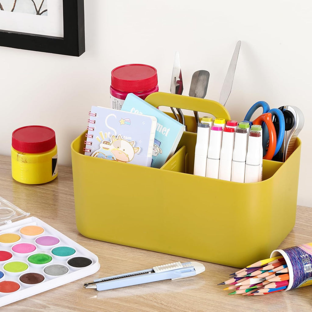 Multiuse Caddy Organizer with Handle, Portable Divided Plastic Tote Bin - Art Craft, Stationary Pen Marker Crayon