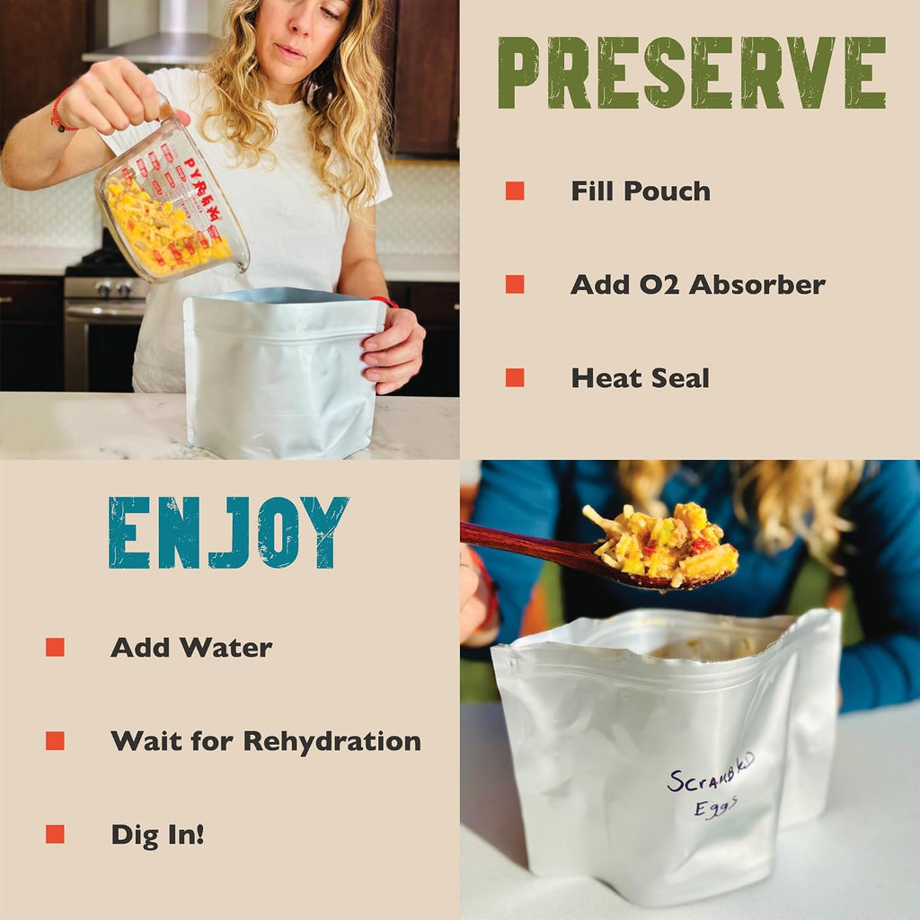 MRE Mylar Bags, 16 Mil Total Thickness, Stand-Up Resealable Pouches for Long-Term Food Storage, Freeze Dried Meals &