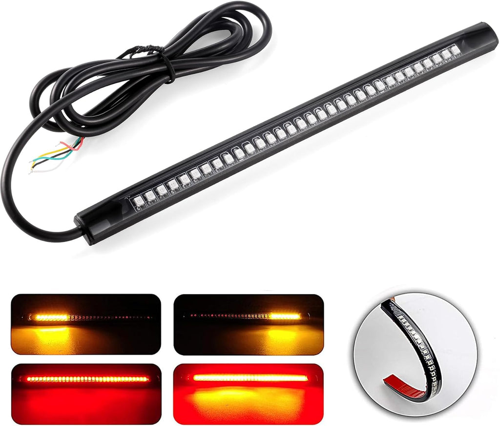 LivTee Universal 8" Flexible LED Light Strip with Tail Brake Stop Turn Signal Lights All-in-one for Motorcycle Scooter Quad Cruiser Off Road, Red/Amber