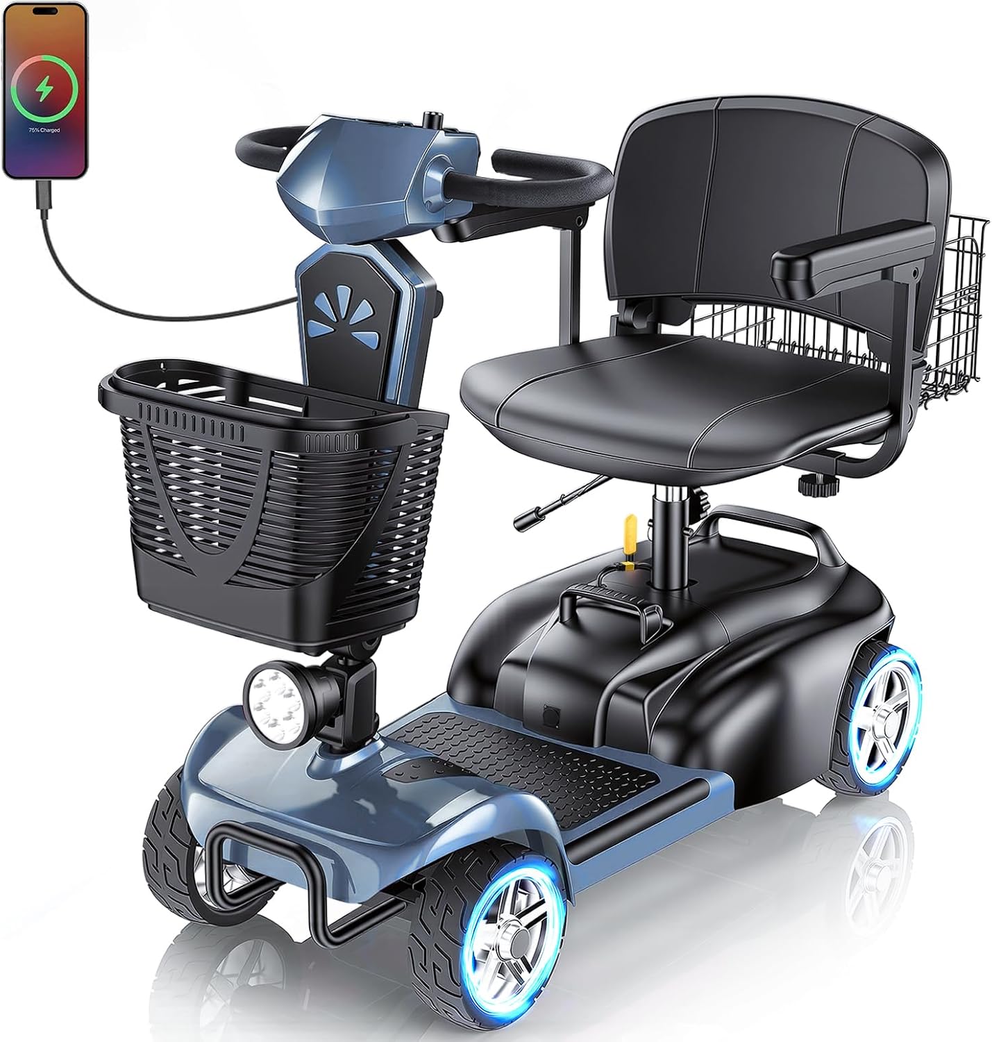 25Miles Eldryvon 4 Wheels Electric Mobility Scooter for Seniors, Dual Basket, 350W Powered Wheelchair with Rotating