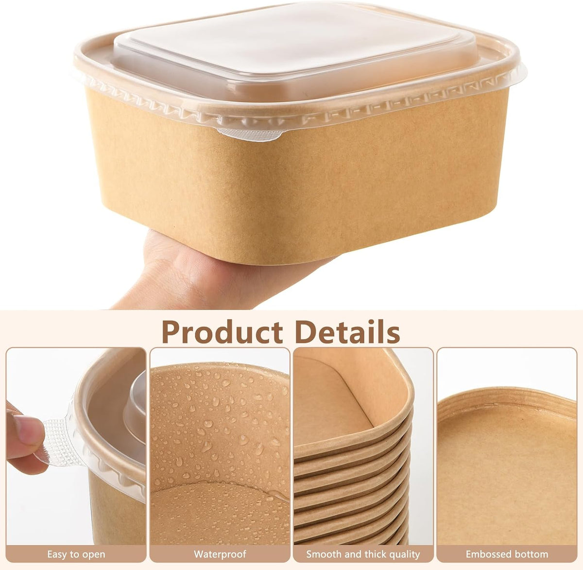 50 Sets 47 oz Disposable Kraft Paper Bowls with Lids - Square