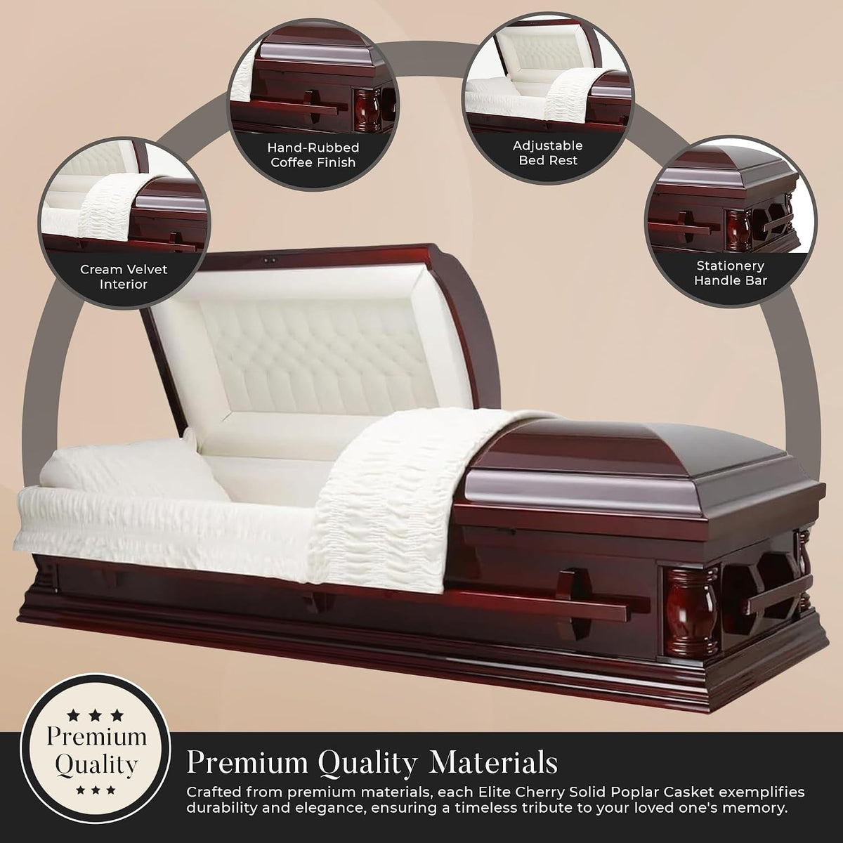 Elite Cherry Wood Funeral Casket w/Almond Velvet Interior