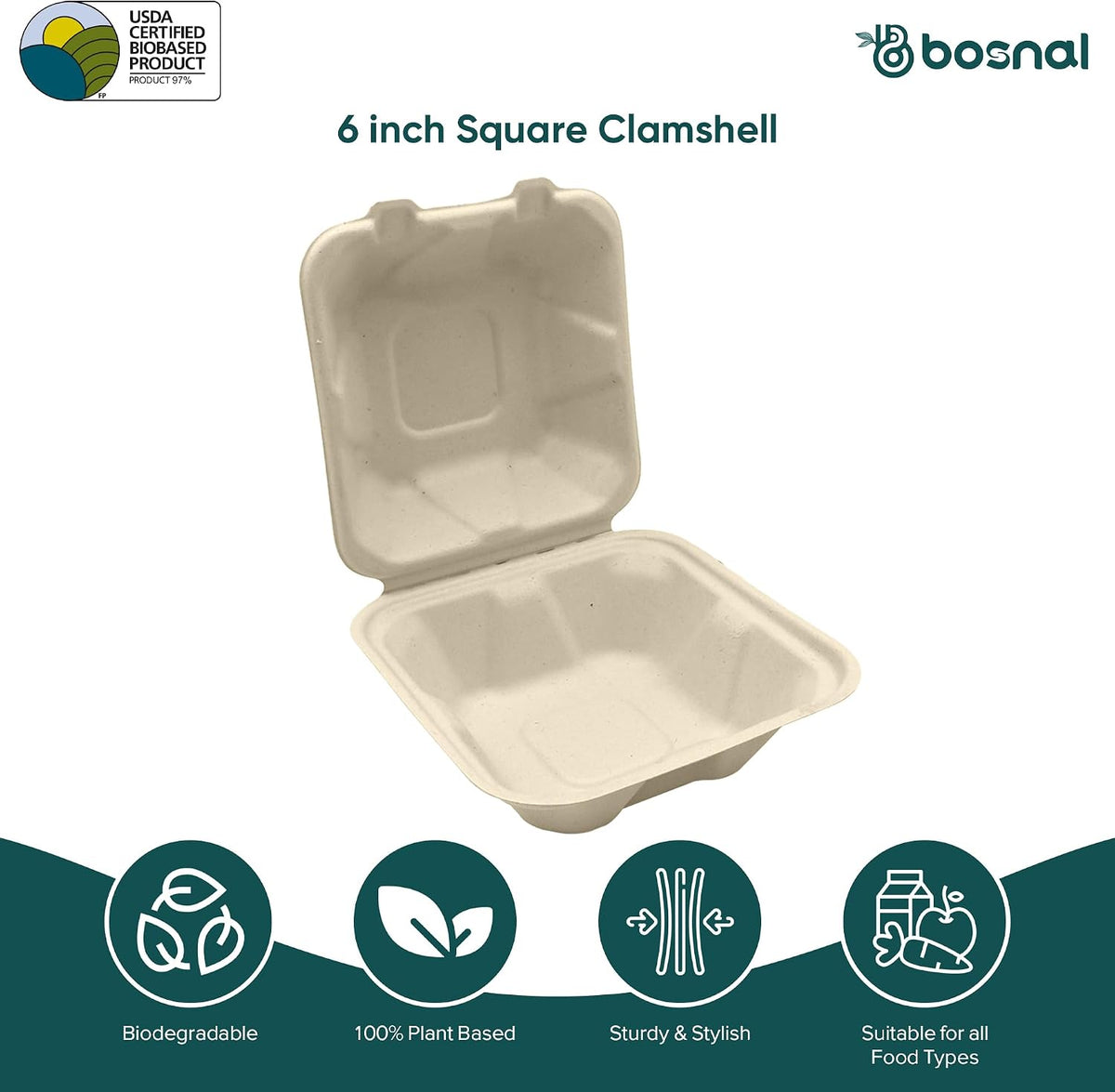 6 Inch Compostable Square Clamshell Containers – 50 Pcs, 100% Plant-Based Sugarcane Bagasse, Eco-Friendly Takeout