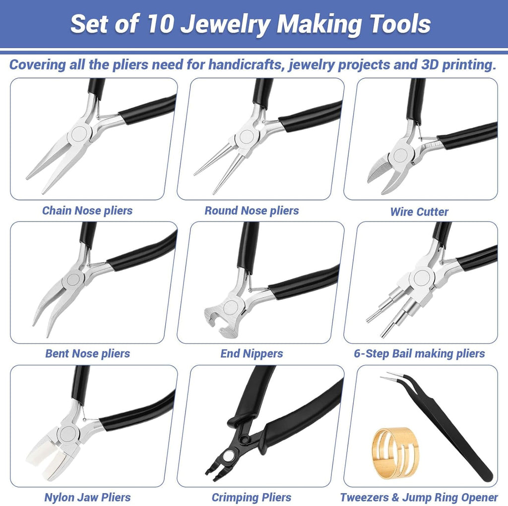 10 Pieces Jewelry Pliers Tools Set, Jewelry Making Tools Include 8 Pieces Pliers, Jump Ring Opener, Tweezers for Wire