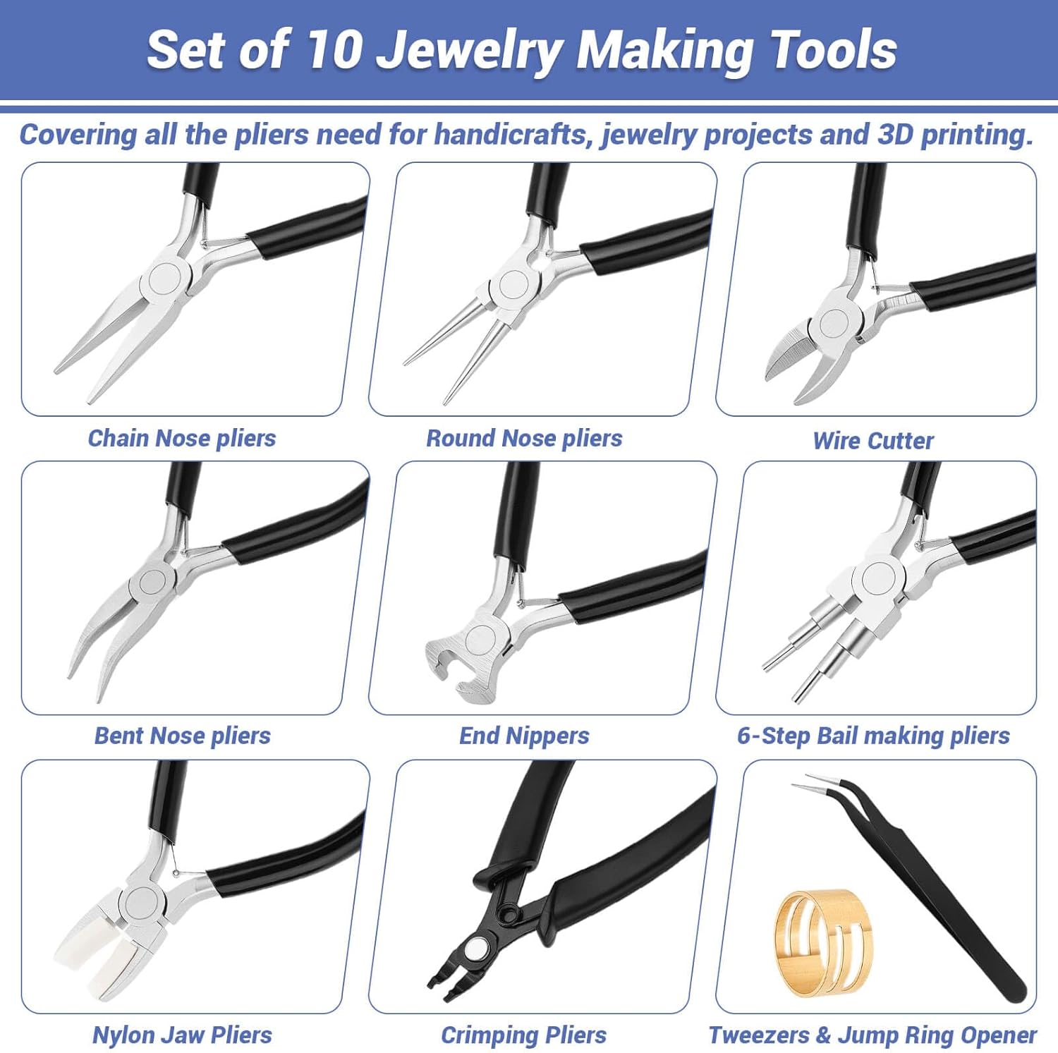 10 Pieces Jewelry Pliers Tools Set, Jewelry Making Tools Include 8 Pieces Pliers, Jump Ring Opener, Tweezers for Wire