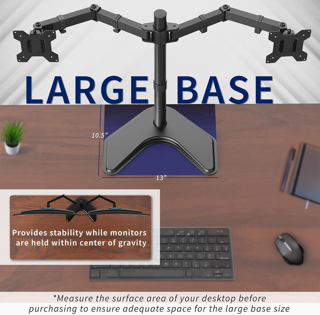 STAND-V002F Dual LED LCD Monitor Free-Standing Desk Stand for 2 Screens up to 27 Inch Heavy-Duty Fully Adjustable