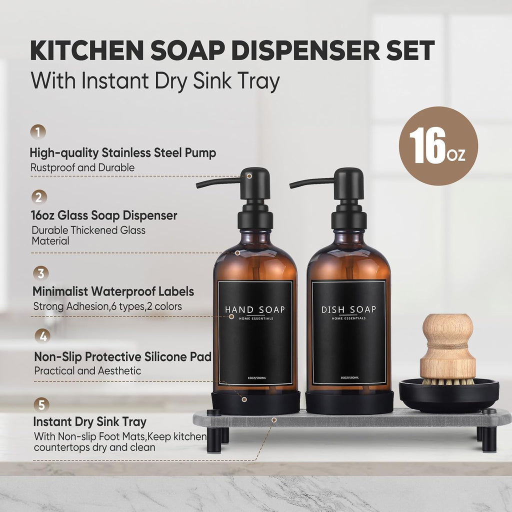 Kitchen Soap Dispenser Set with Instant Dry Tray,16 Oz Hand and Dish Soap Amber Glass Dispenser Set,Stainless Steel