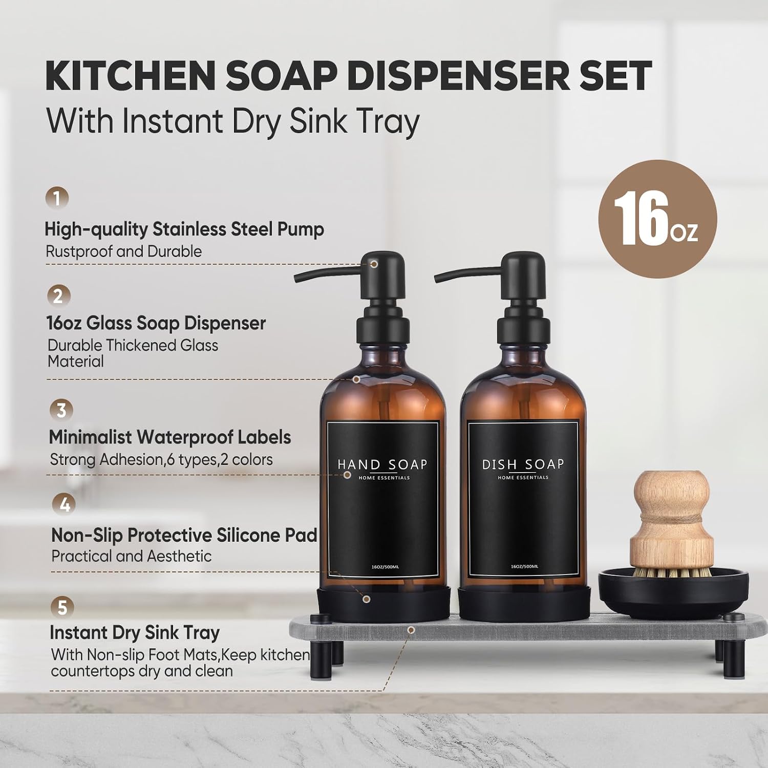 Kitchen Soap Dispenser Set with Instant Dry Tray,16 Oz Hand and Dish Soap Amber Glass Dispenser Set,Stainless Steel