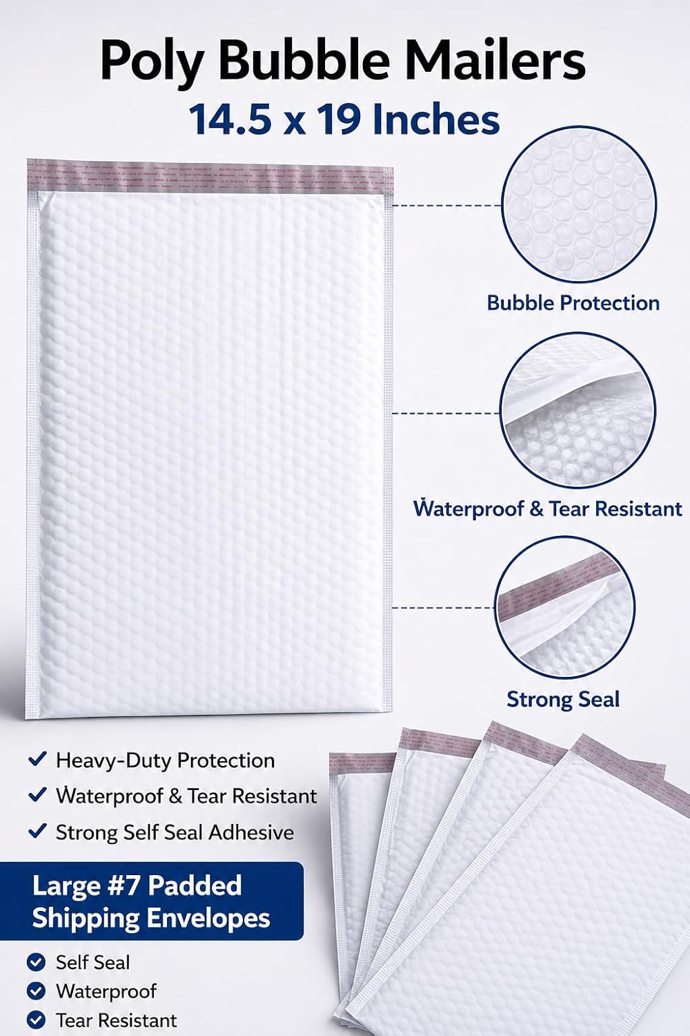 14.5 x 19 Poly Bubble Mailers – Large #7 Padded Shipping Envelopes, Self Seal Adhesive, Waterproof & Tear Resistant