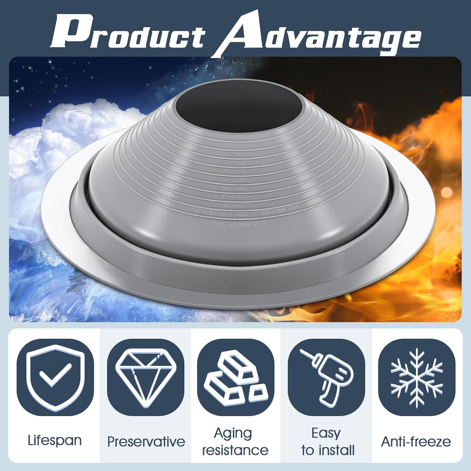 1 Pcs #9 Pipe Od 10"-19" Flexible Roof Jack Pipe Boot Flashing Vent High Temp Silicone Chimney for Roof Vents