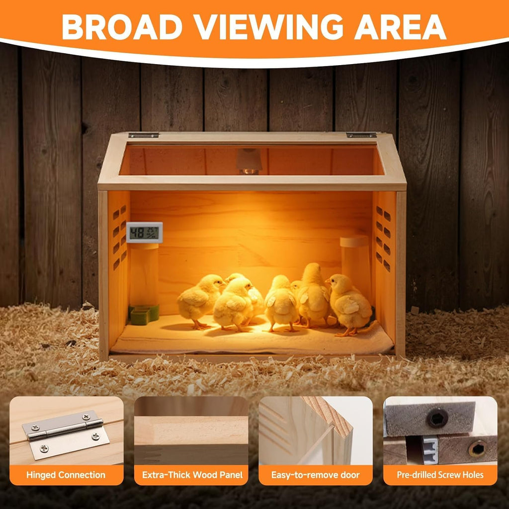 Wooden Chick Brooder Box with Heat Lamp and Thermometer, 15.7 x 12 x 12 in