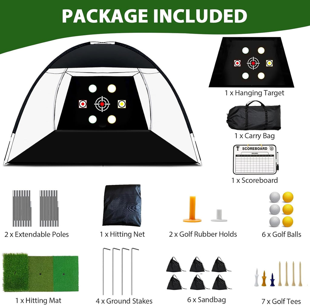 Golf Net, 10x7 Ft Practice Hitting Golf Net with Tri-Turf Mat, Ball, Tee, and Carring Bag, All-in-One Multi-Target