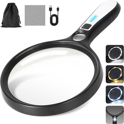 Large Magnifying Glass with Light: 10X 30X 5IN Lighted Handheld Magnifier with 13 LED Lights 3 Modes, 1150mAh