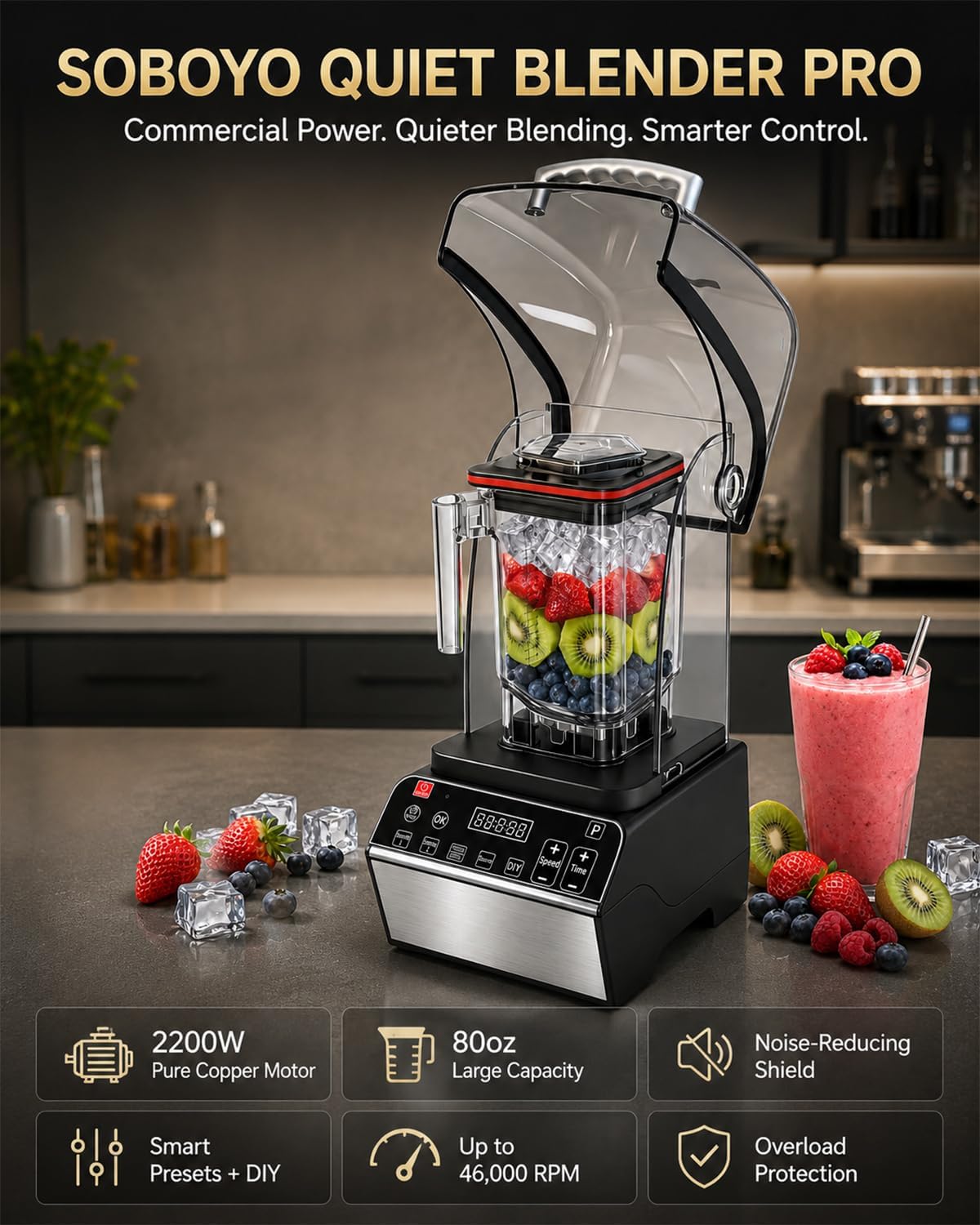 Quiet Blender, 80 oz Commercial Countertop Blender with Noise-Reducing Shield, 2200W Pure Copper Motor, 46000RPM, 6
