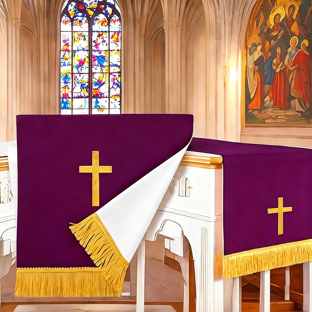 Set of 3 Reversible Parament Set,Pulpit Scarf and Communion Table Runner Bible Bookmark with Embroidered Cross Church