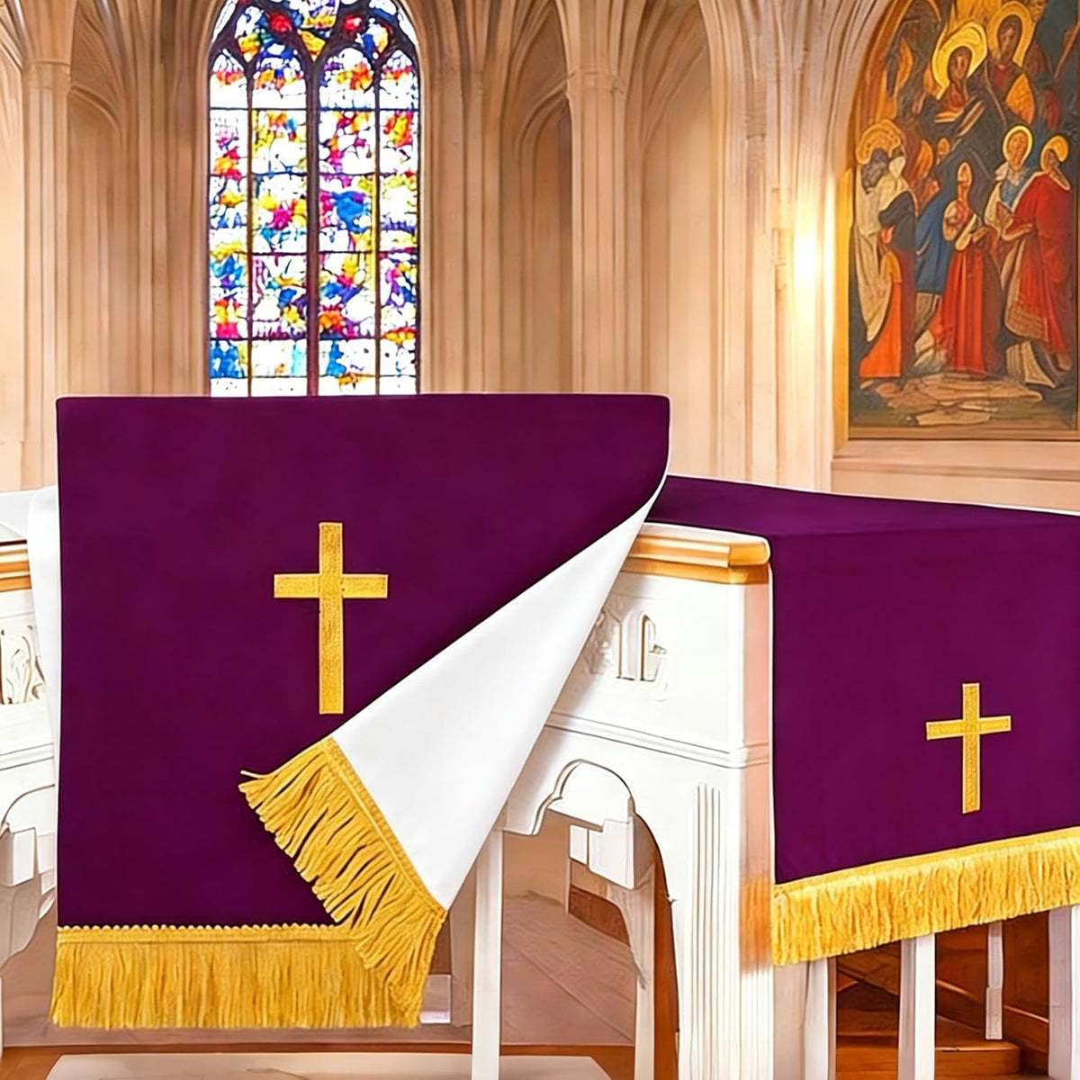 Set of 3 Reversible Parament Set,Pulpit Scarf and Communion Table Runner Bible Bookmark with Embroidered Cross Church