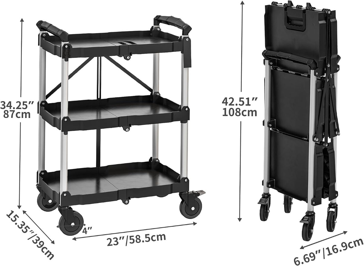3-Tier Folding Utility Cart with Wheels (2 Brakes), 350lbs