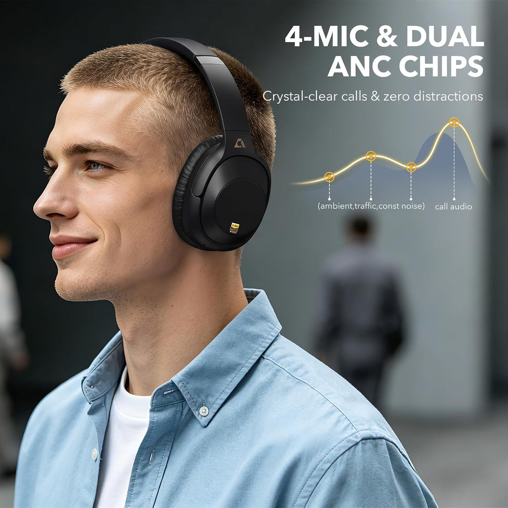 Bluetooth 6.0 Active Noise Cancelling Headphones for Airplane Travel, Black | LDAC Hi-Res Audio, 90H Playtime Wired