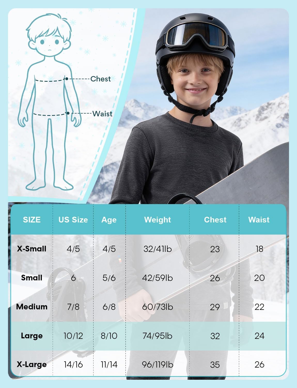 100% Merino Wool Base Layer Set Kids Boys Thermal Underwear Long Johns Fleece Lined Cold Weather Skiing Hiking