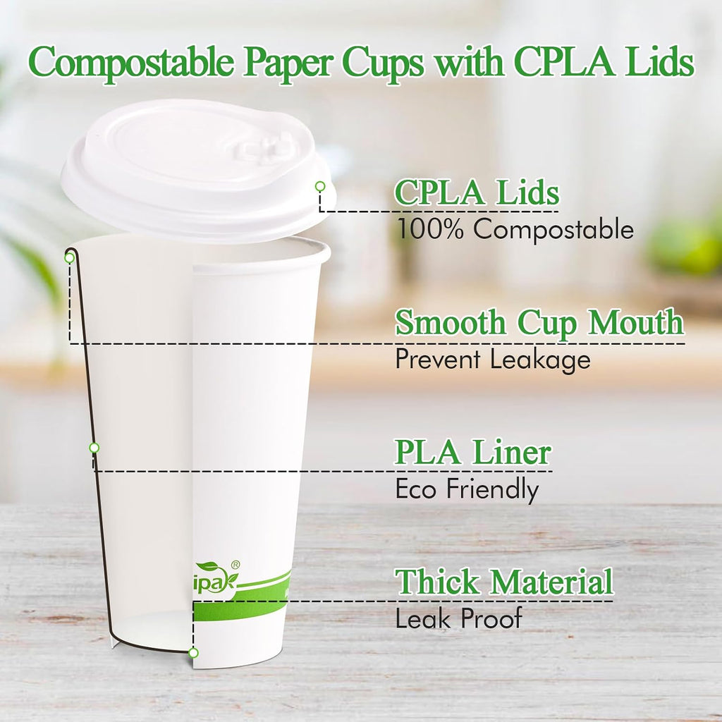 100 Count 16 oz Compostable Paper Coffee Cups with CPLA Lid