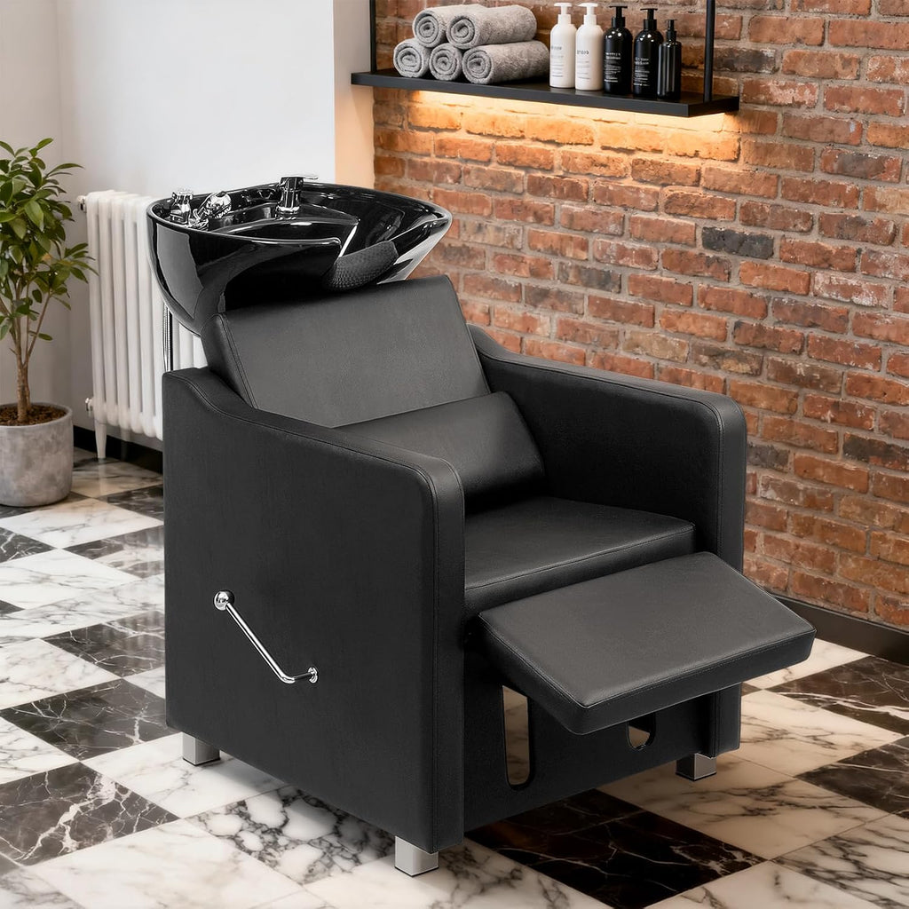 Shampoo Backwash Barber Chair for Barber Shop, Black | Ceramic Hair Wash Bowl Sink, Adjustable Leg Baffle, Reclining