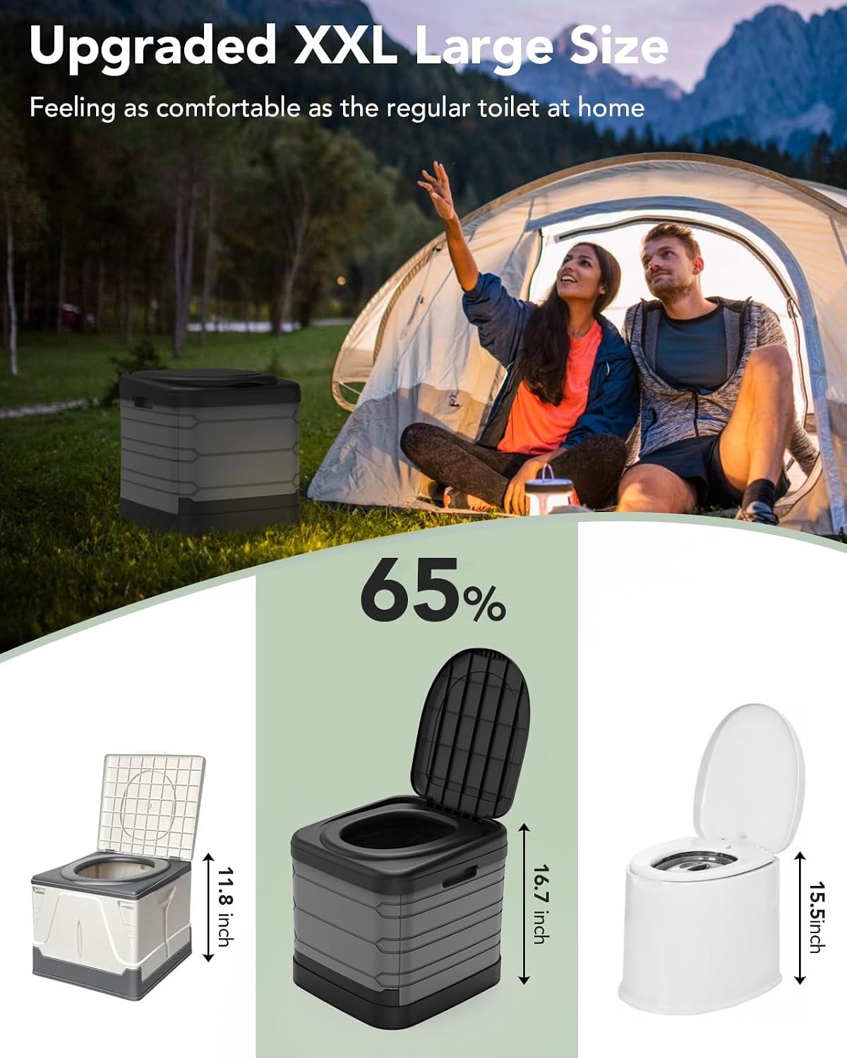 XXL Portable Toilet for Adults, Upgraded Camping Toilets Collapsible Toilet Extra Large 16.7-inch High Porta Potty