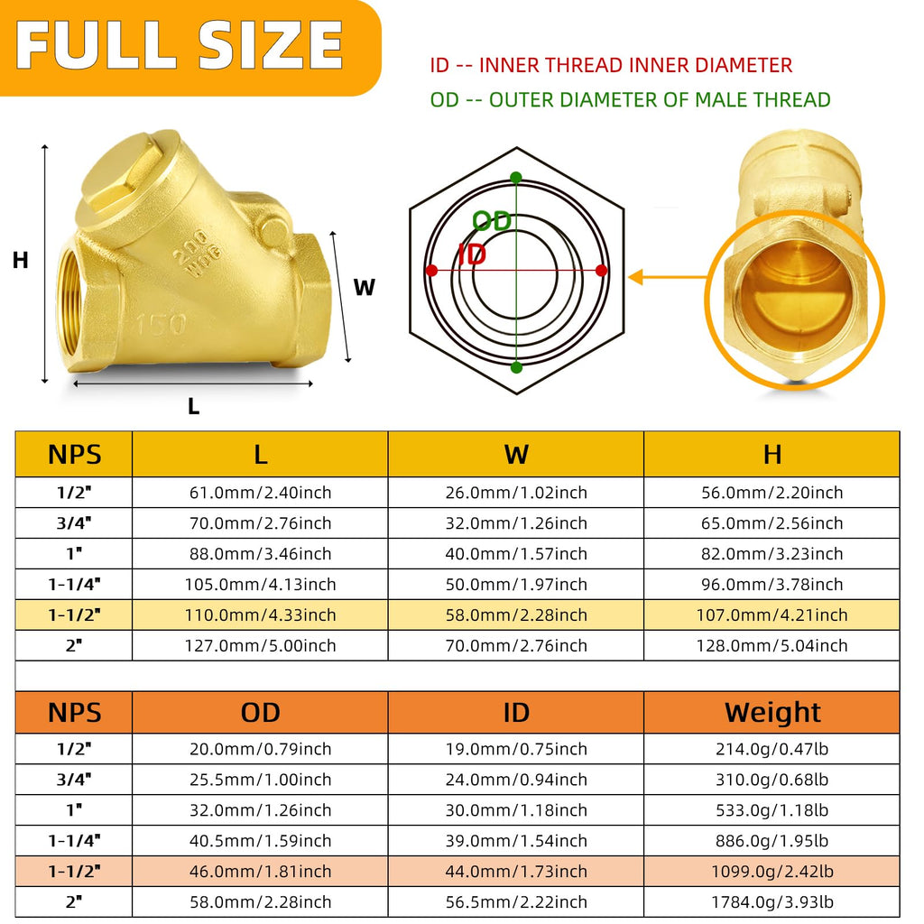 1-1/2" NPT Y-Pattern Swing Check Valve Brass Heavy Duty Female Thread, DN40