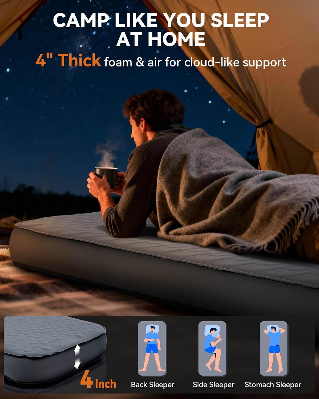 4" Thick Self Inflating Sleeping Pad, Foam & Air Camping Mattress | 9.5 R-Value Insulated Sleeping Mat for All