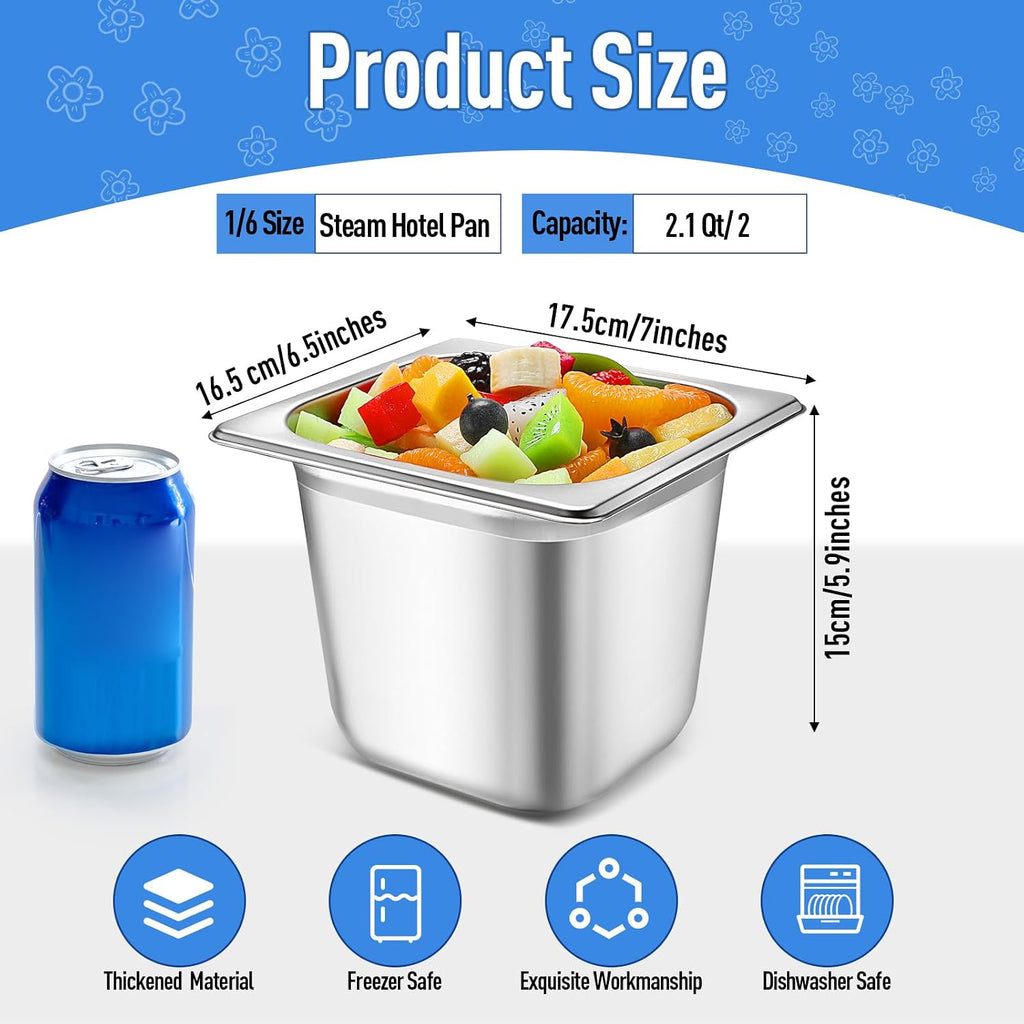 12 Pcs Stainless Steel Hotel Pan with Lids 1/6 Size, 5.9 Inch