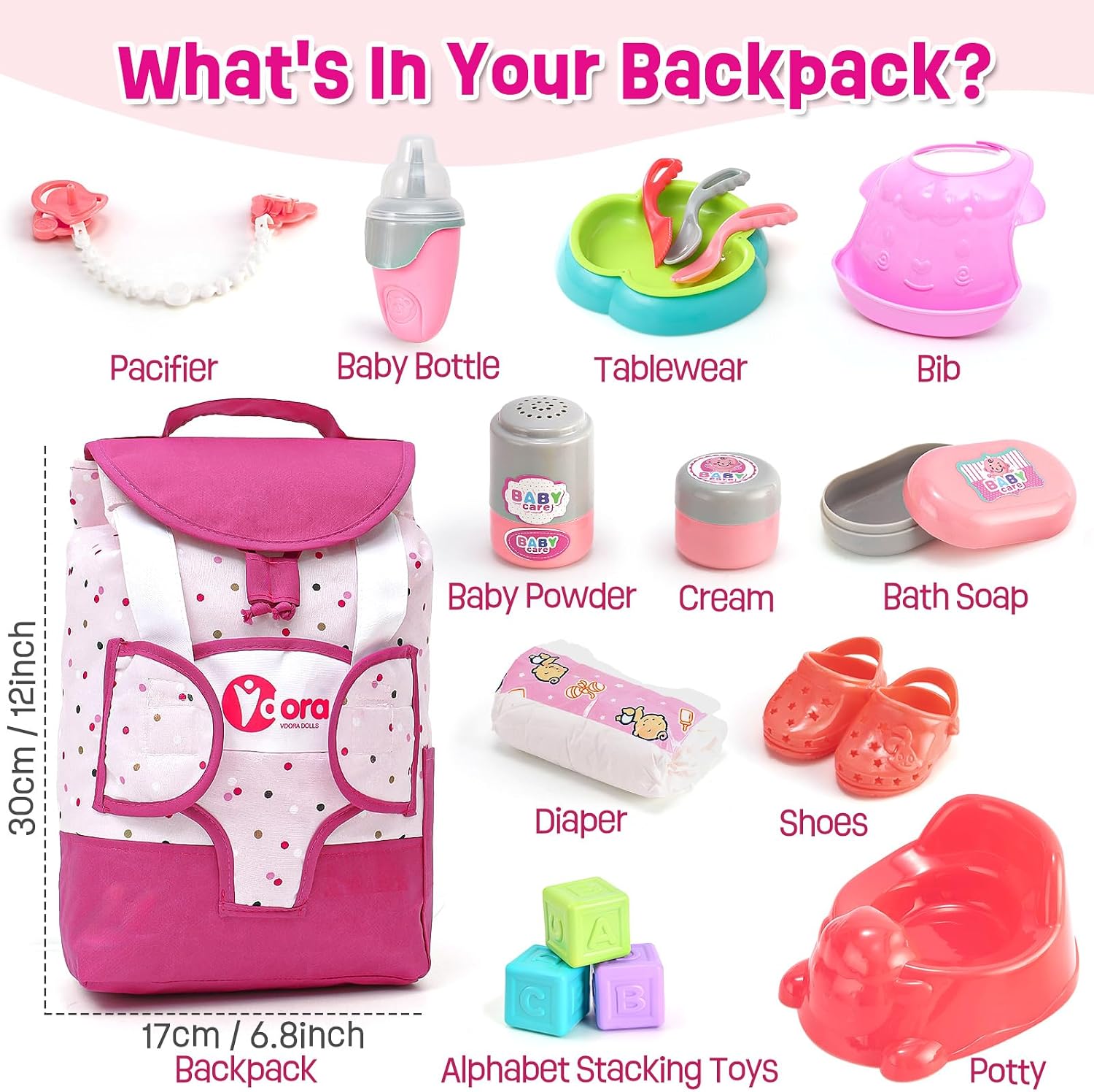 Baby Doll Accessories Playset, Baby Doll Care Toys with Changing Bag Backpack Feeding Set Doll Nappies Bottle Bath