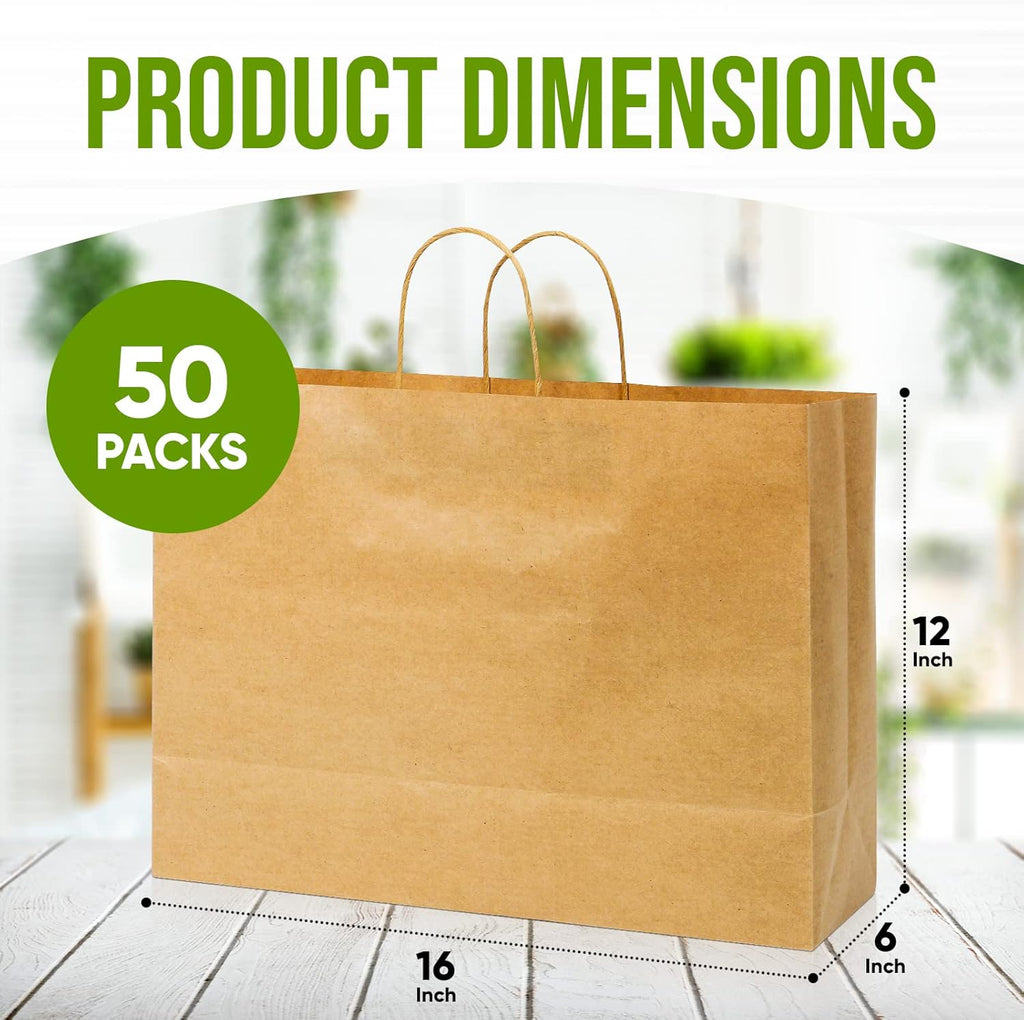 Kraft Paper Bags with Handles, 50 Pack Large Brown Heavy Duty Bags | 16x6x12 Inches, Bulk Shopping and Retail Bags