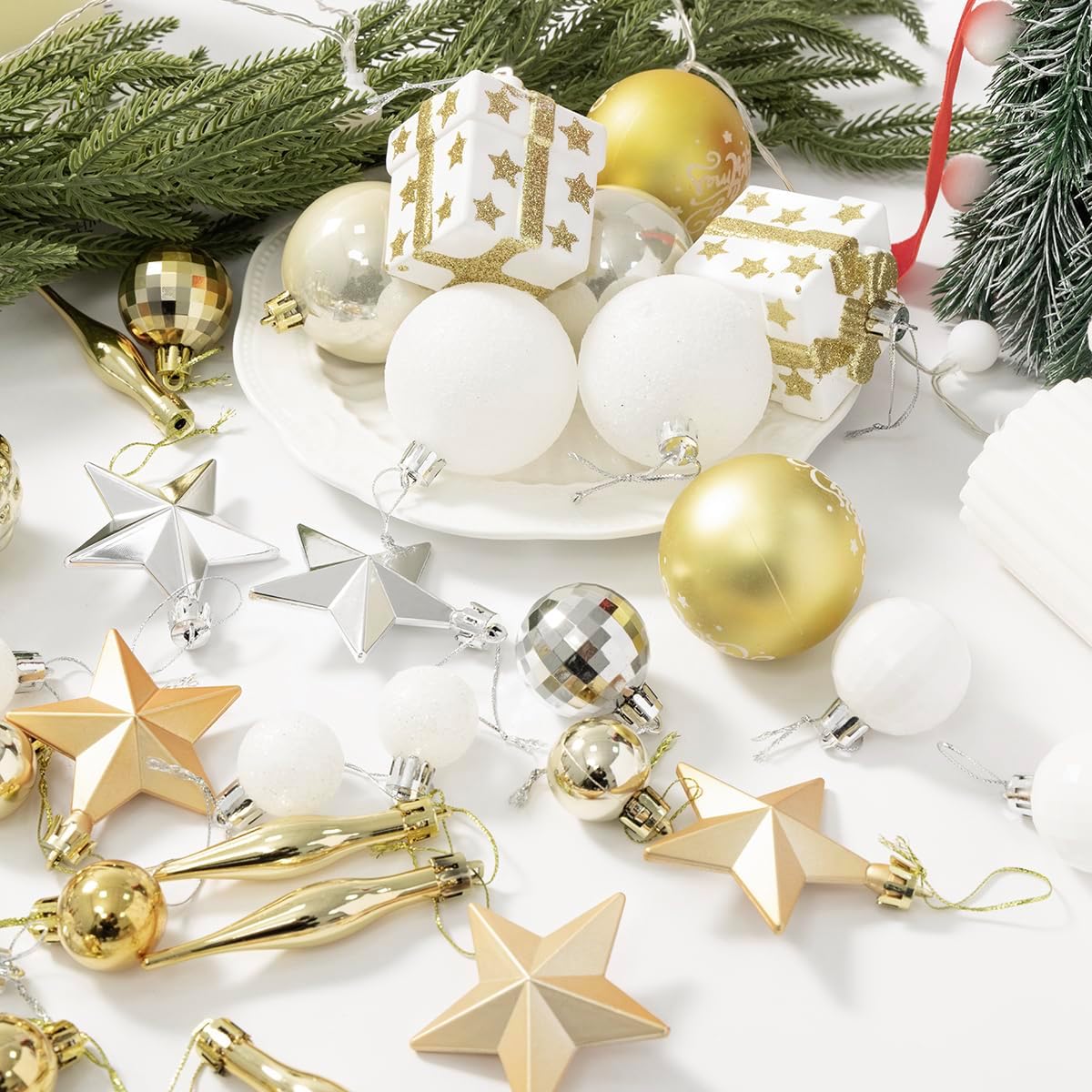 Christmas Assorted Ornaments Set, 58 ct Gold-Silver-White Stars Theme Xmas Tree Ball Ornament, Shatterproof