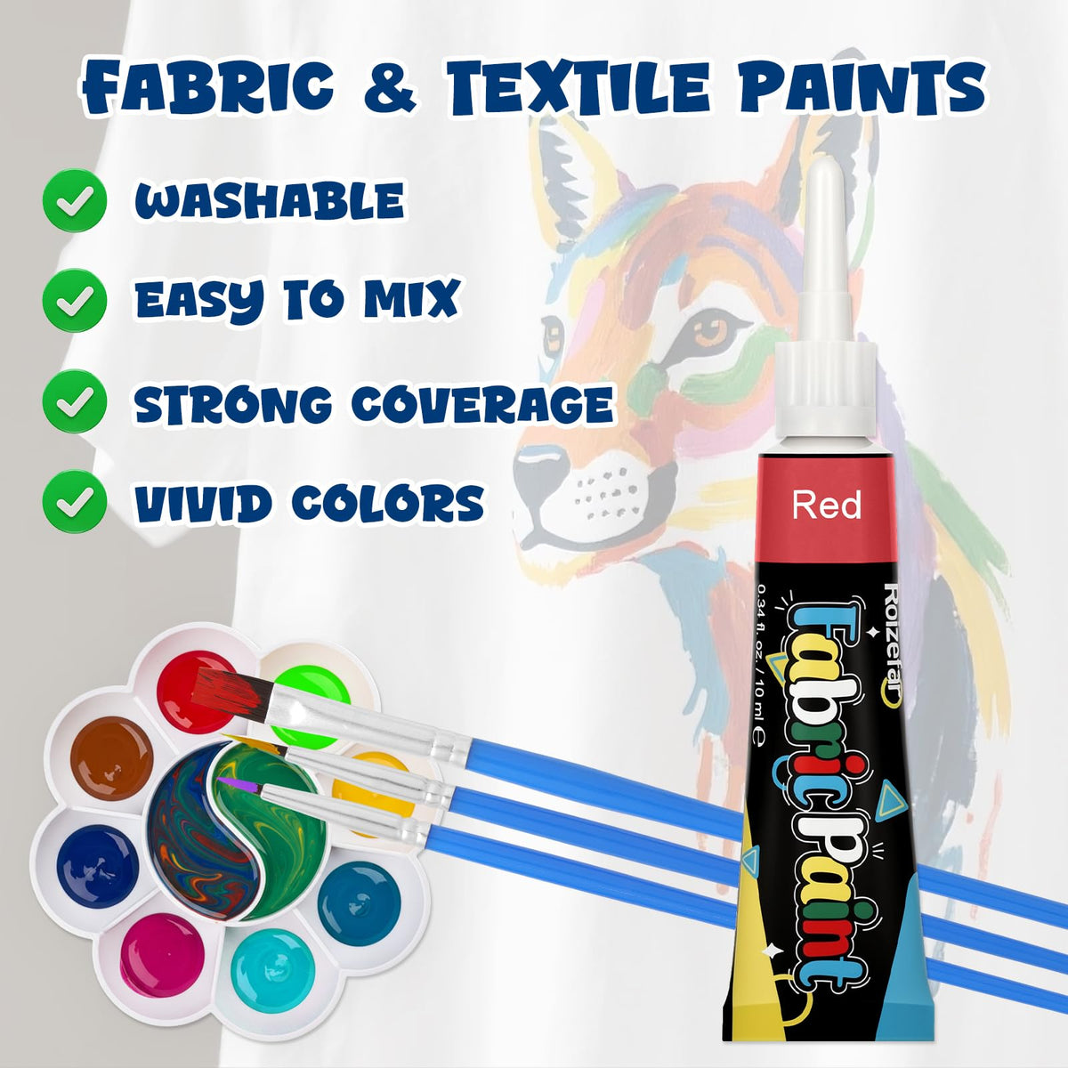 Fabric Paint Set, 48 Colors with Brushes & Palette, 0.34 oz Each