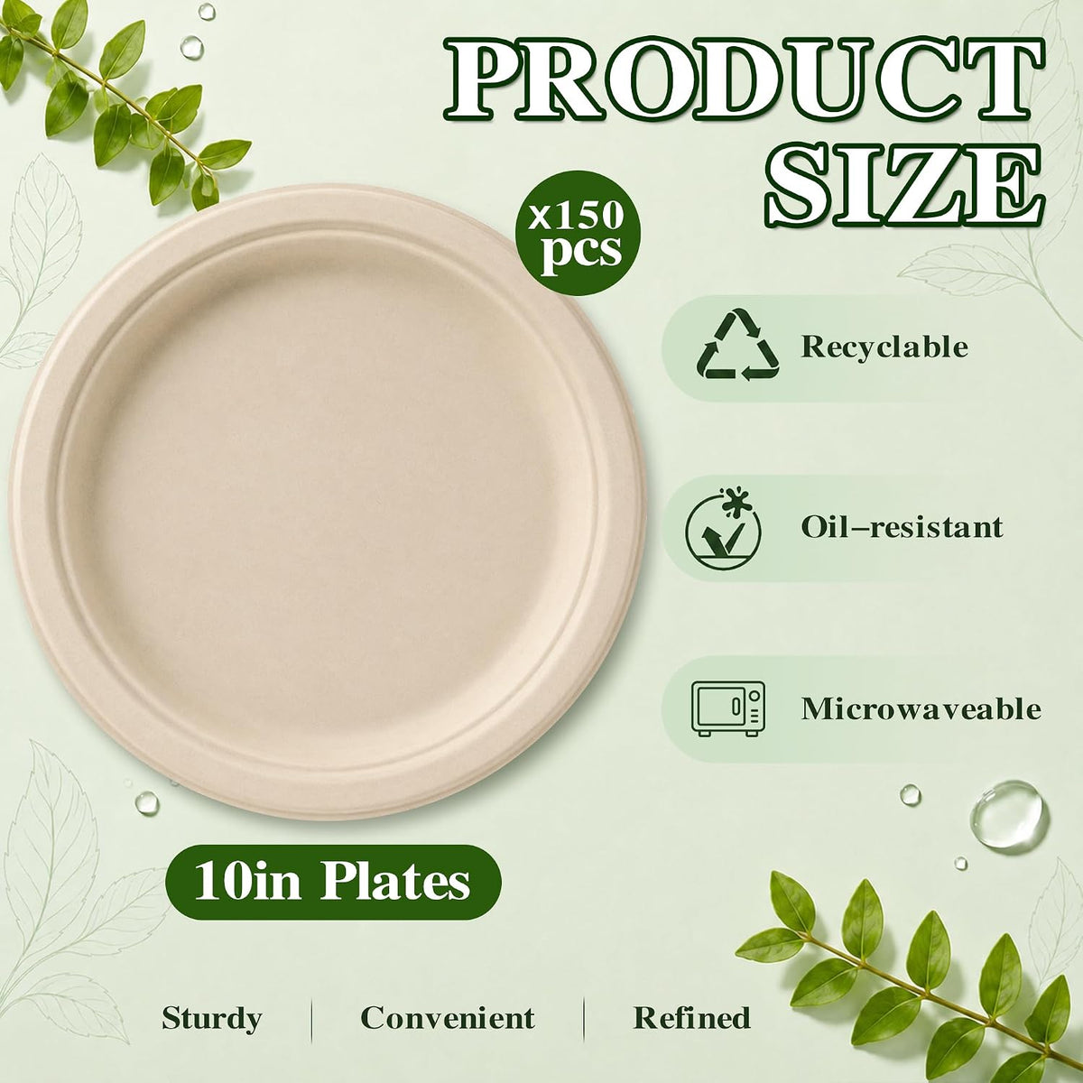10 Inch Compostable Paper Plates 150 Pack, Heavy Duty Disposable Plates
