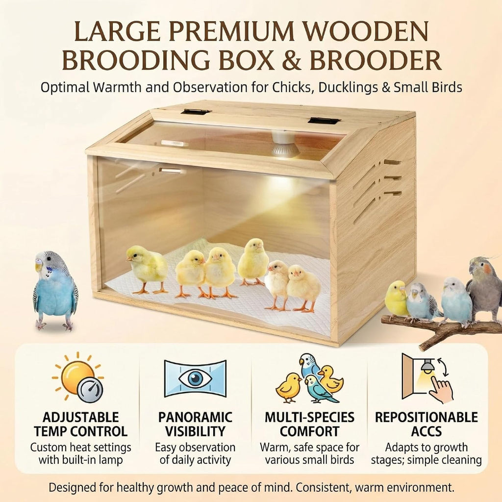 15.74 x 11.81 x 11.81” Chick Brooder Box with Heating Lamp, Poultry Brooder with Heaters, Wooden Brooder Box for Baby