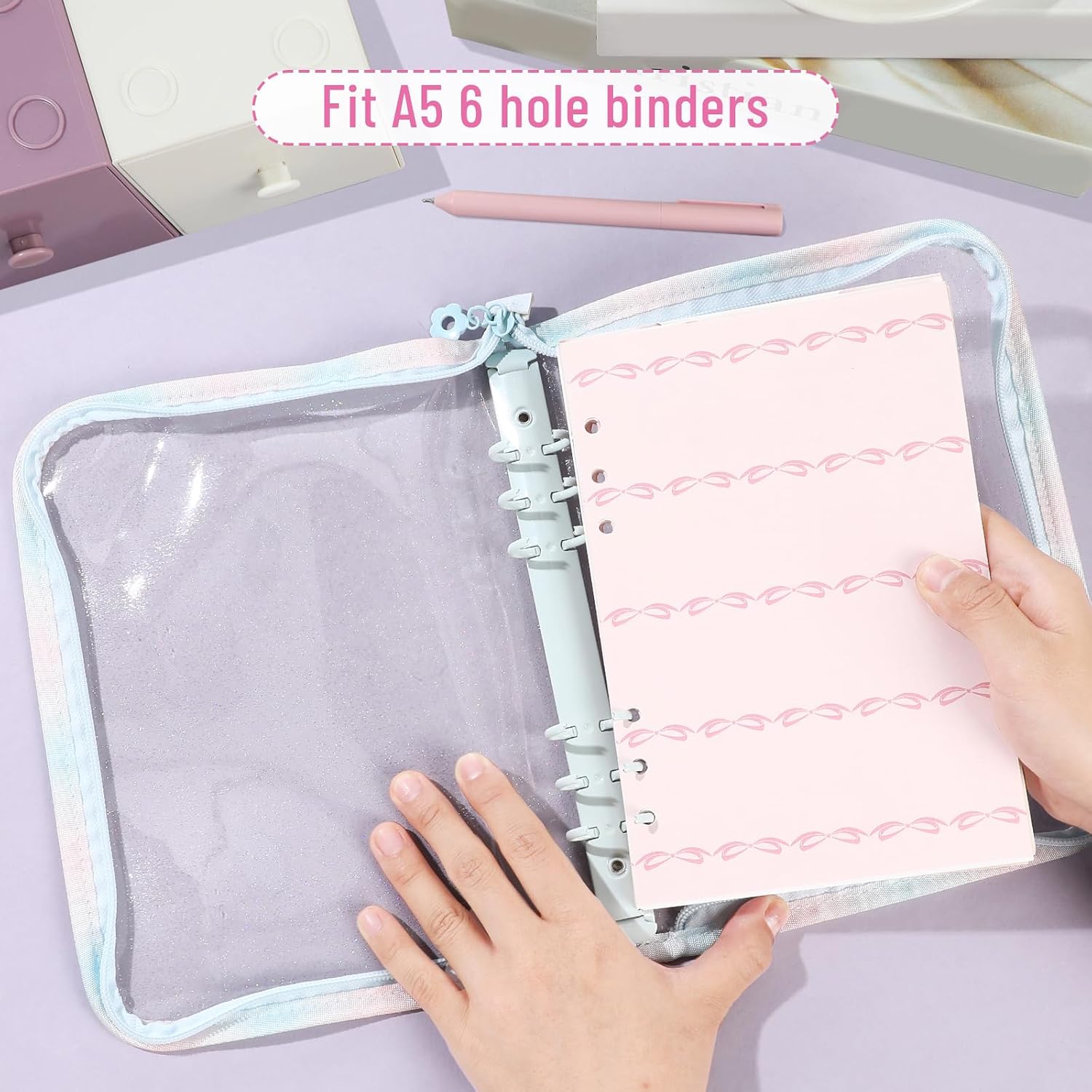 100 Sheets Pink Bow A5 Refills Paper for Planner Inserts Binder, Thick 6 Hole Notebook Refill, 120GSM Filler Loose