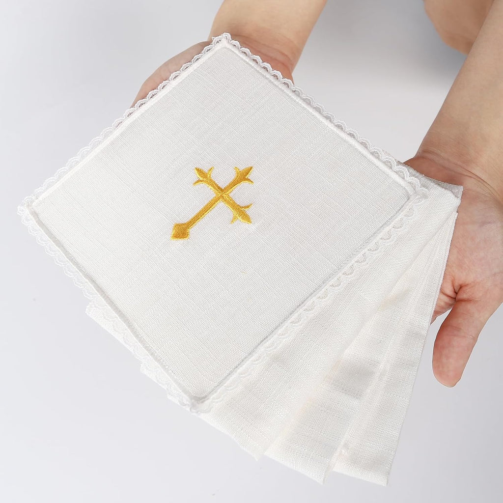 4 Pcs Altar Supplies Linen Corporal for Churches Set(Pall,Corporal,Purificator,Towel),White Linen Altar Cloth Gold