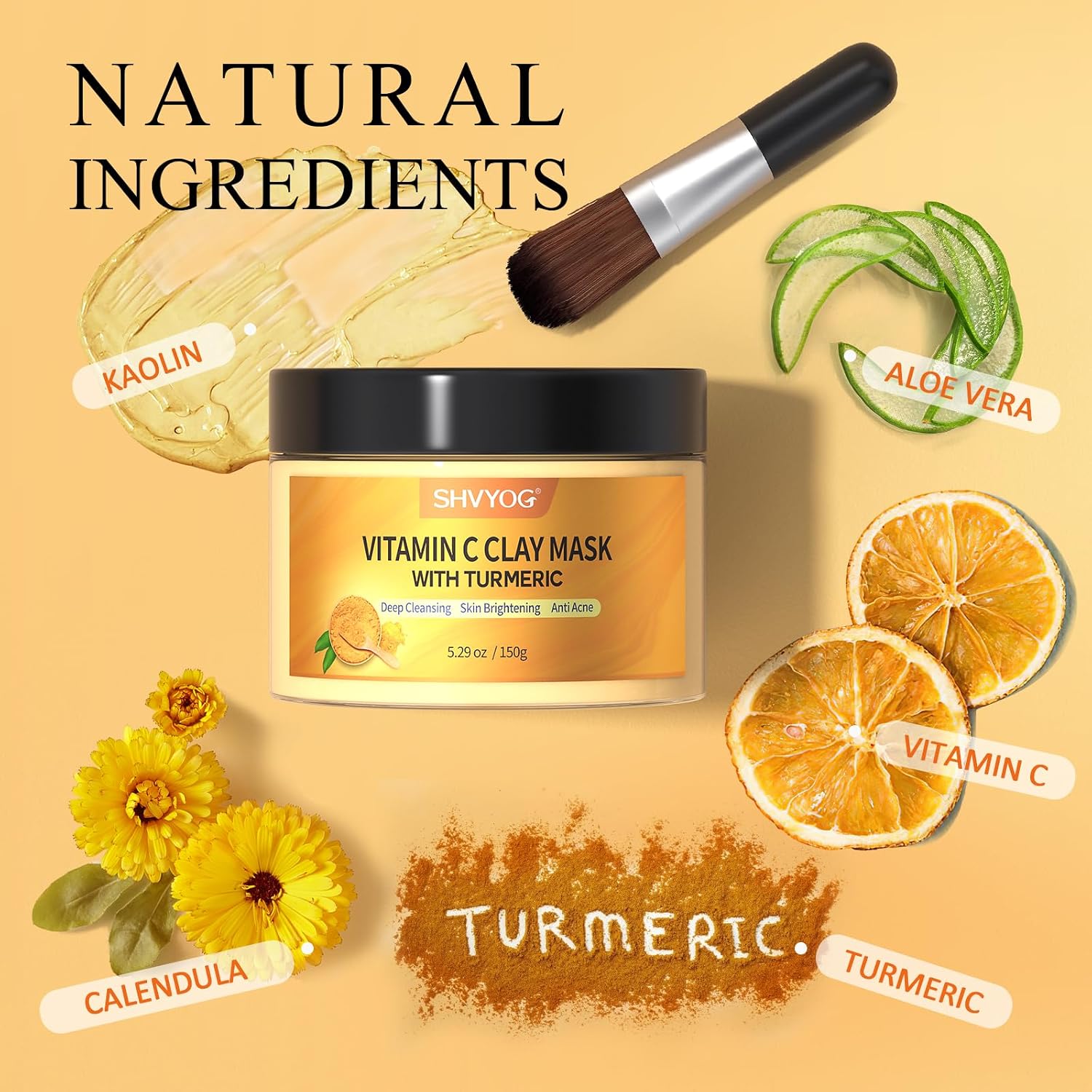 Turmeric Vitamin C Clay Mask with Kaolin Clay for Dull & Blemish-Prone Skin, Deep Cleansing Facial Mask, Face Masks