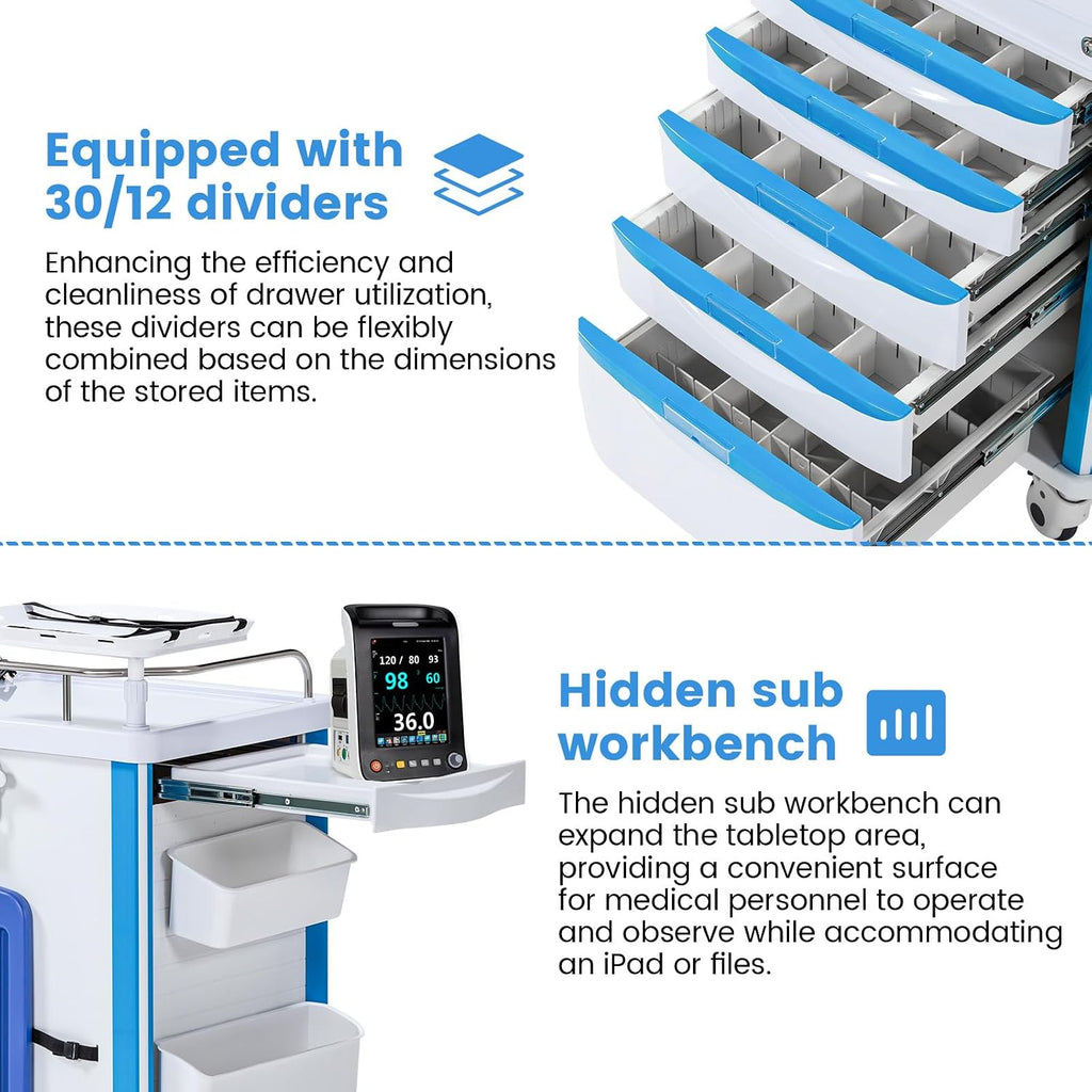 5-Tier Medical Cart, Hospital Emergency Rolling Crash Carts with Adjustable IV Pole, Silent Casters, Trash Bin & O2