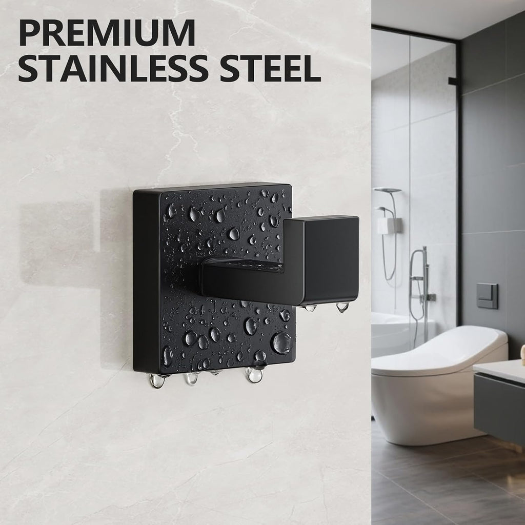 4 PCS Towel Hooks for Bathroom, Wall Mount Towel Holder, Black Matte Wall Robe Hook,Square Stainless Steel Door