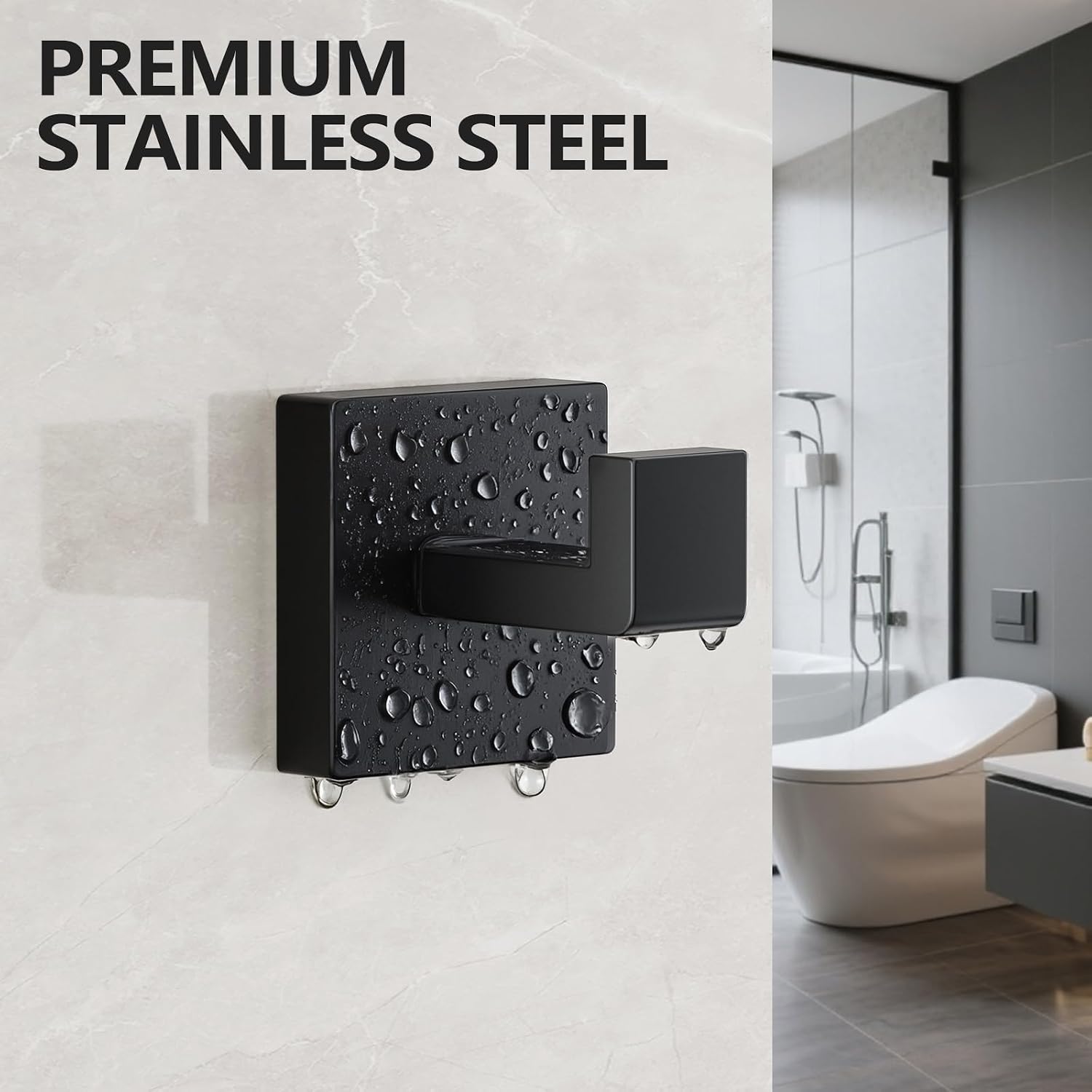 4 PCS Towel Hooks for Bathroom, Wall Mount Towel Holder, Black Matte Wall Robe Hook,Square Stainless Steel Door