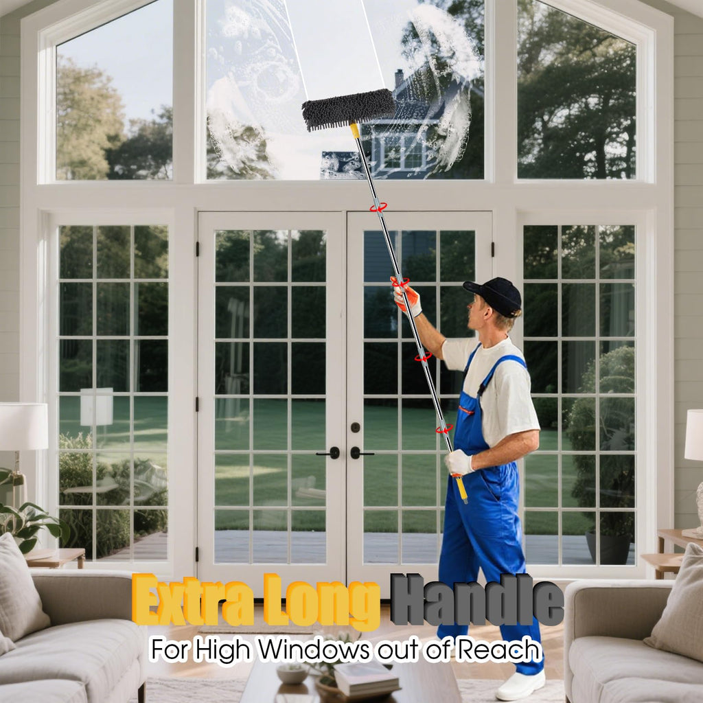 96" Long Handle Window Wall Cleaner Tool with Extension Pole,2 in 1 Large Window Squeegee with Cleaning Mop Tools Kit