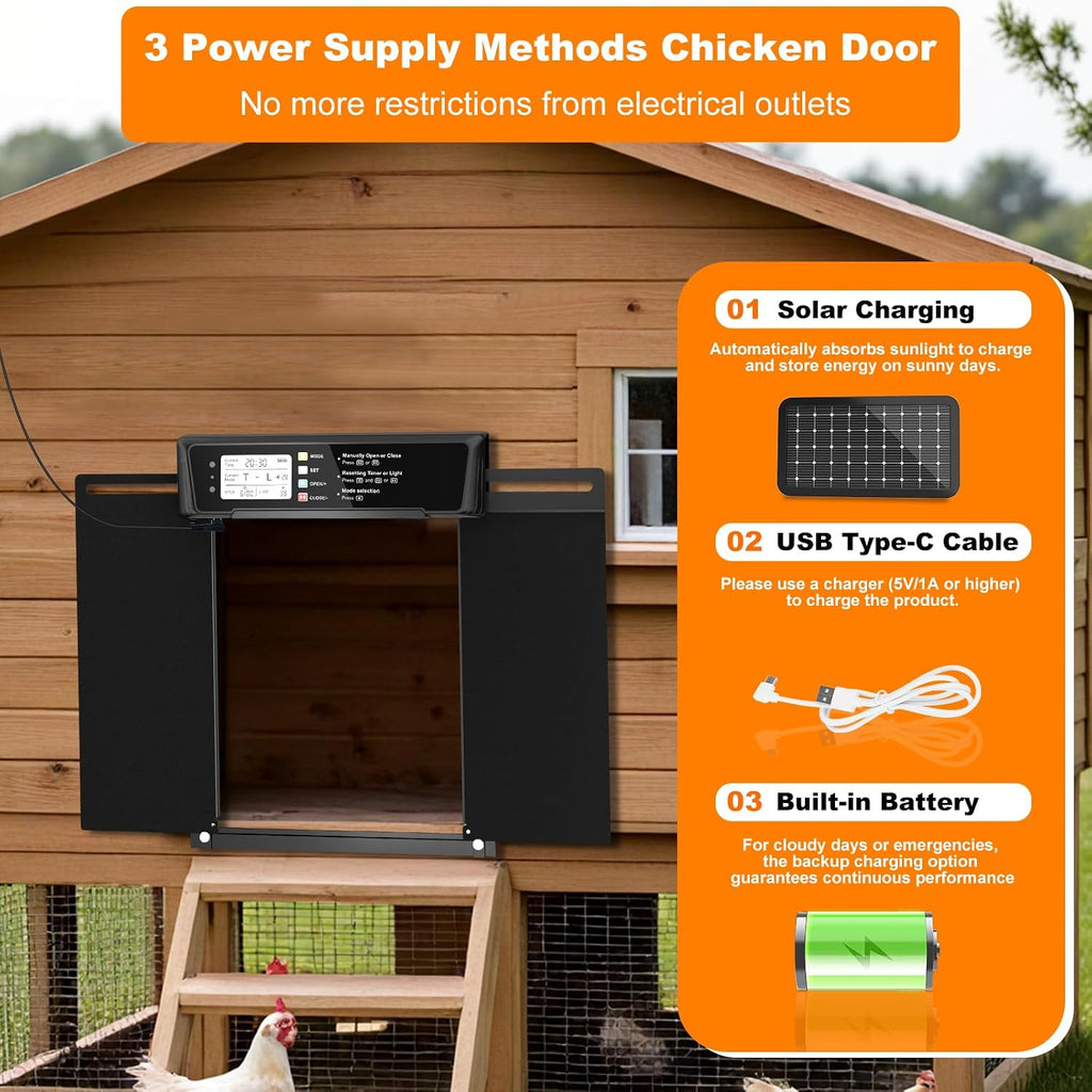 Automatic Chicken Coop Door Solar Powered with Timer & Light Sensor