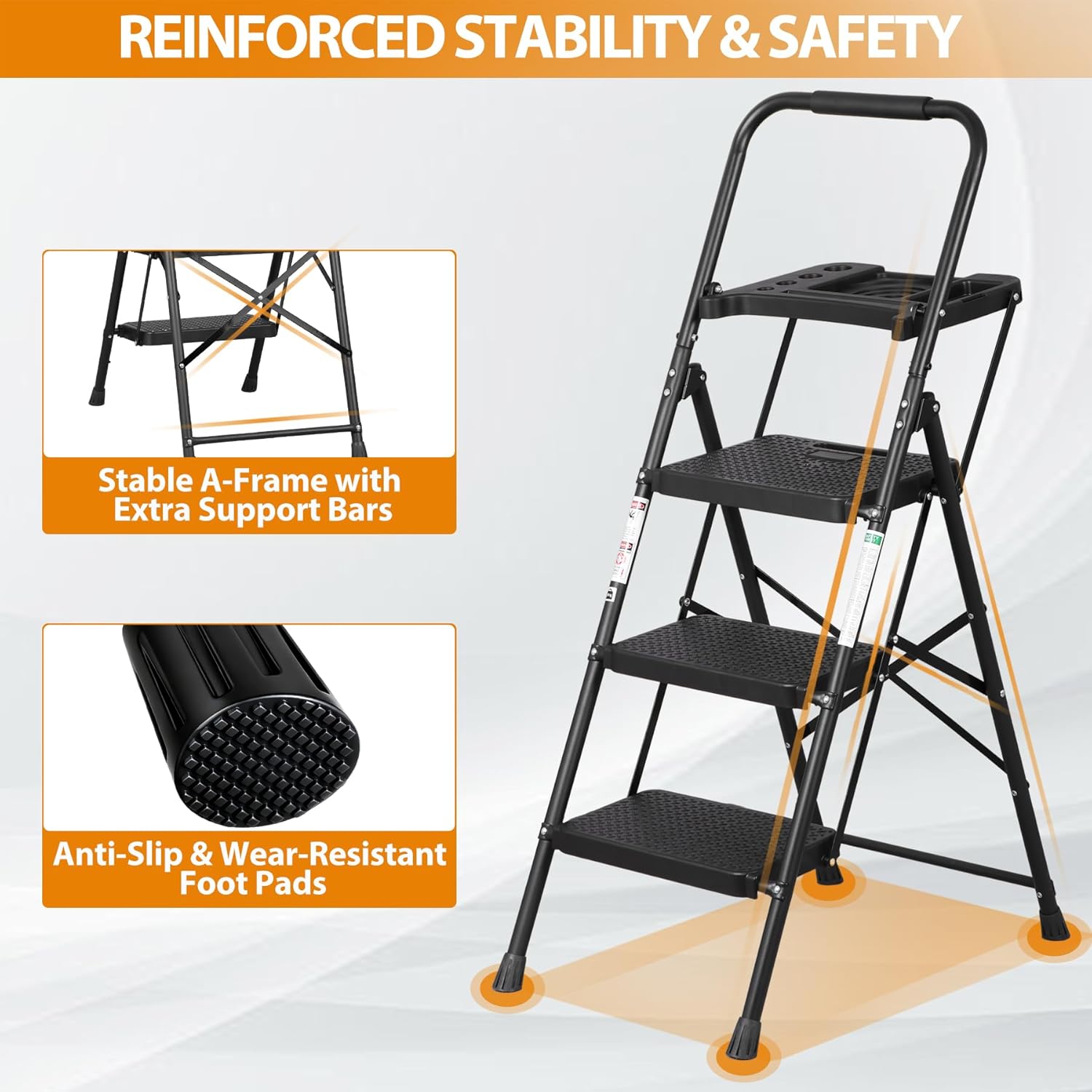 3 Step Ladder, Folding Step Stool for Adults, Portable Steel Ladder with Tool Platform, Wide Anti-Slip Pedal, Safety