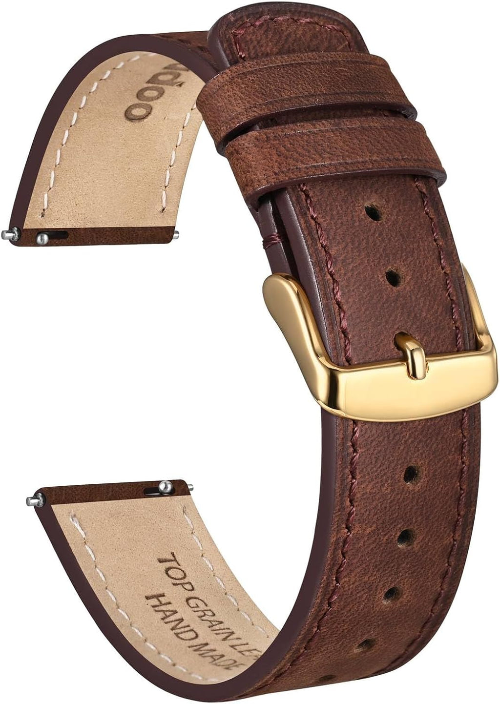 22mm Top Grain Leather Watch Band, Dark Brown Crazy Horse Leather Replacement Watch Strap with Gold Buckle, Quick